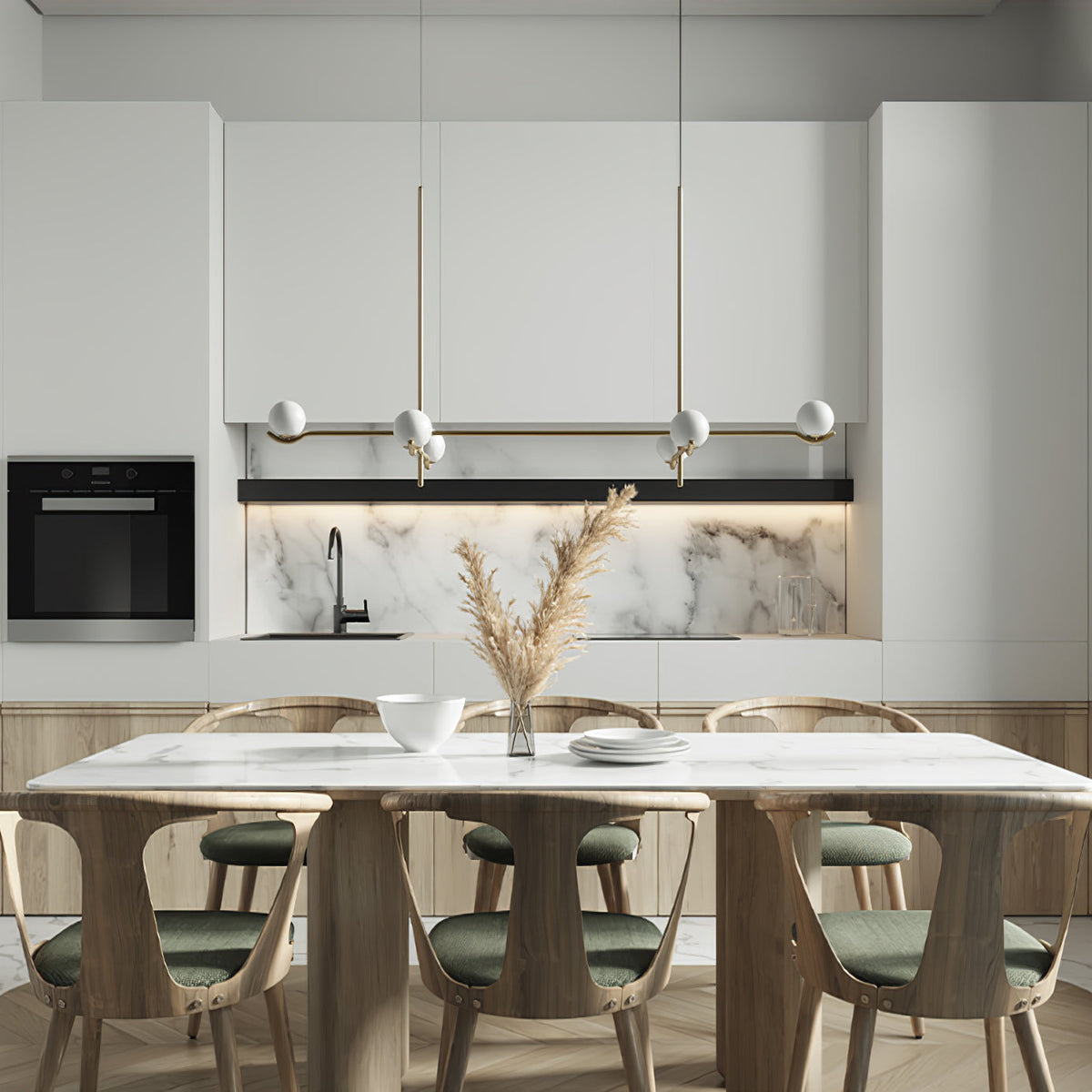 Multi Globe Pendant Light White Glass Shades on Slim Rods Dining Table