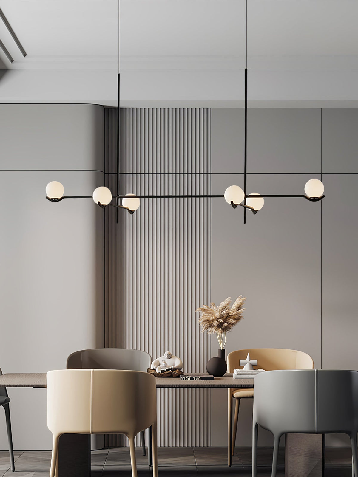 Multi Globe Pendant Light White Glass Shades on Slim Rods Dining Table