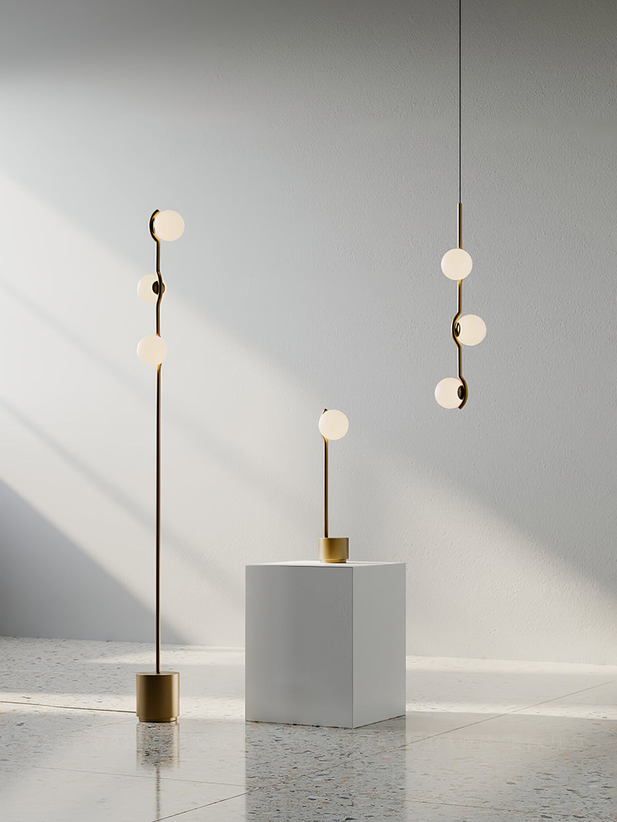 Multi Globe Pendant Light White Glass Shades on Slim Rods Dining Table