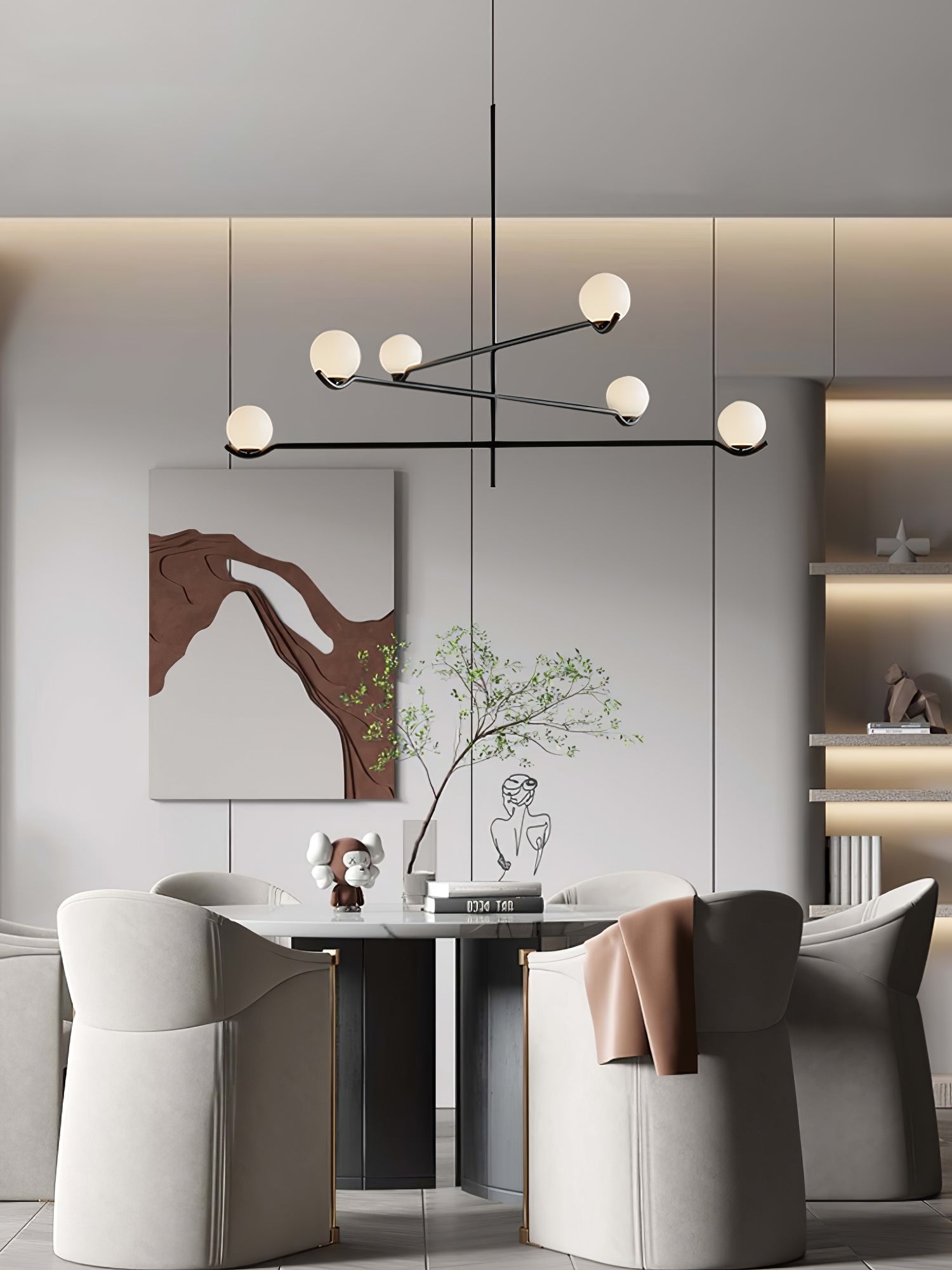 Multi Globe Pendant Light White Glass Shades on Slim Rods Dining Table
