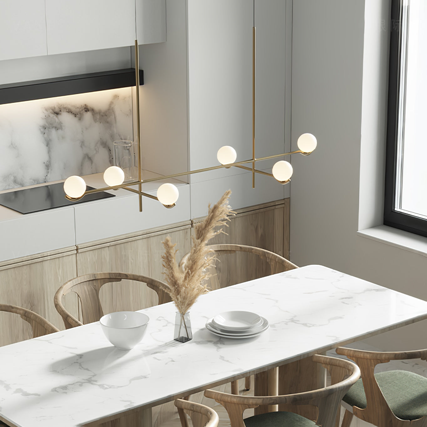 Multi Globe Pendant Light White Glass Shades on Slim Rods Dining Table