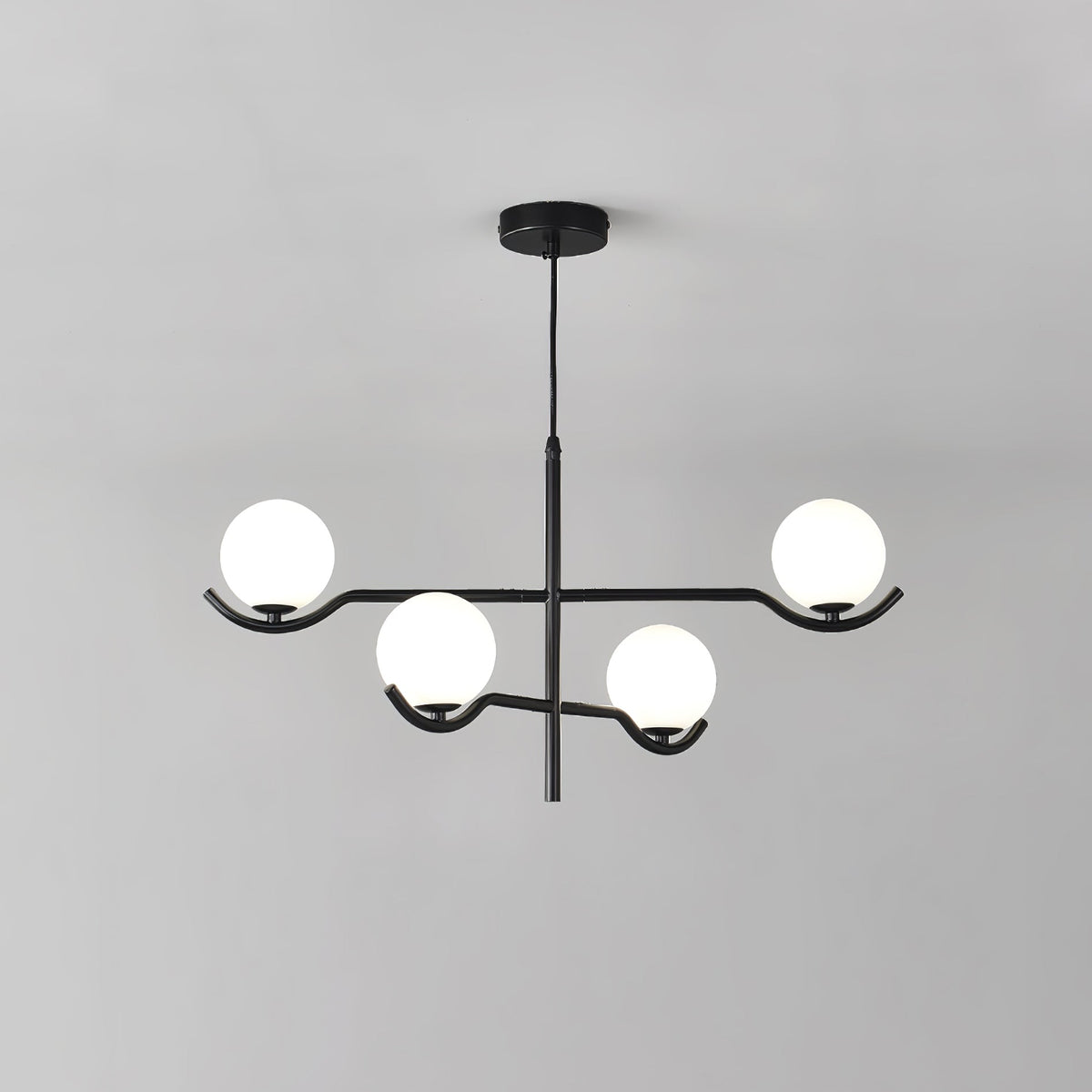 Multi Globe Pendant Light White Glass Shades on Slim Rods Dining Table