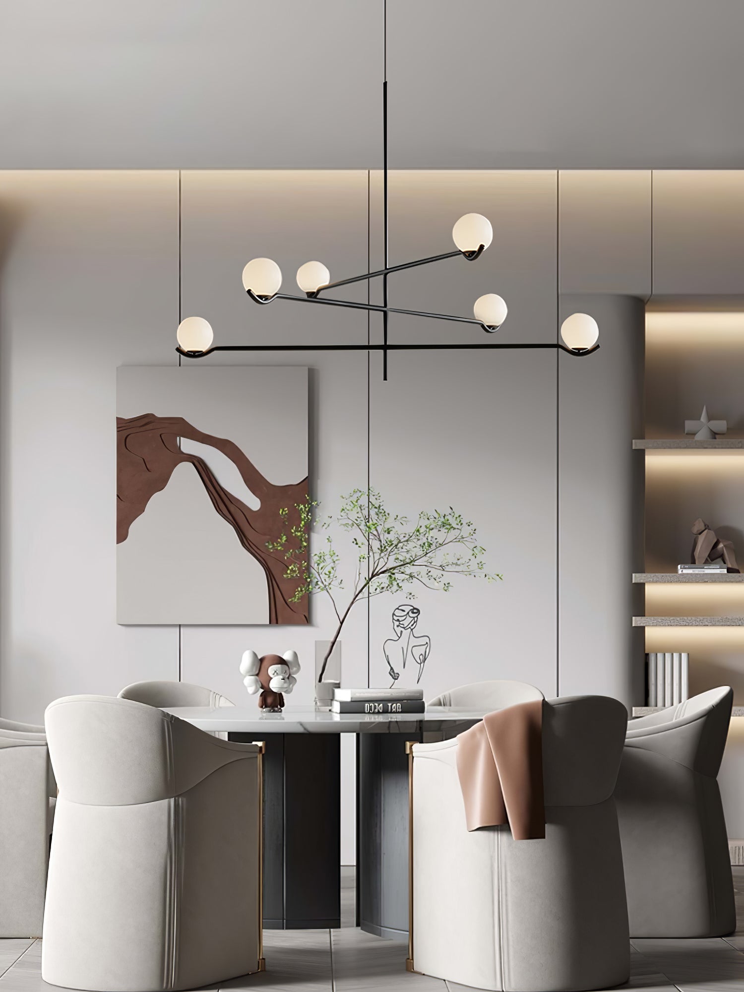 Multi Globe Pendant Light White Glass Shades on Slim Rods Dining Table