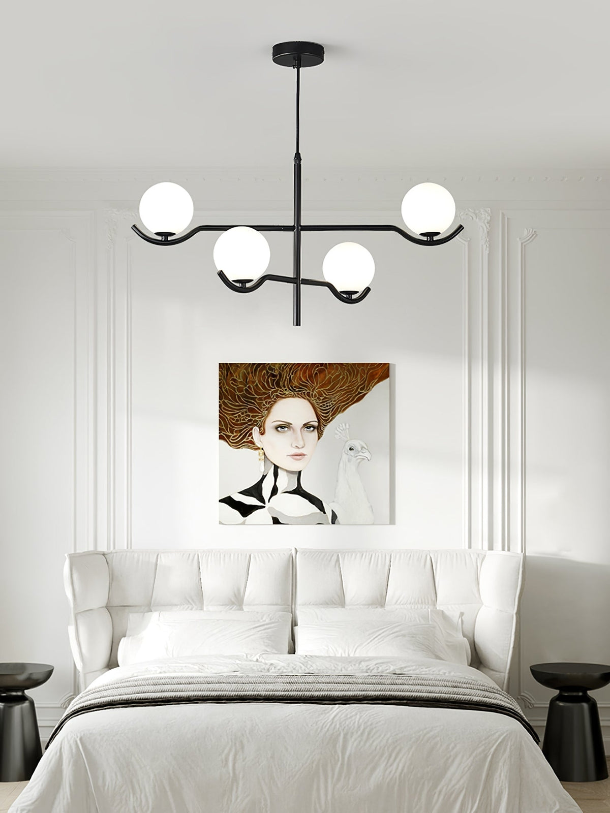 Multi Globe Pendant Light White Glass Shades on Slim Rods Dining Table