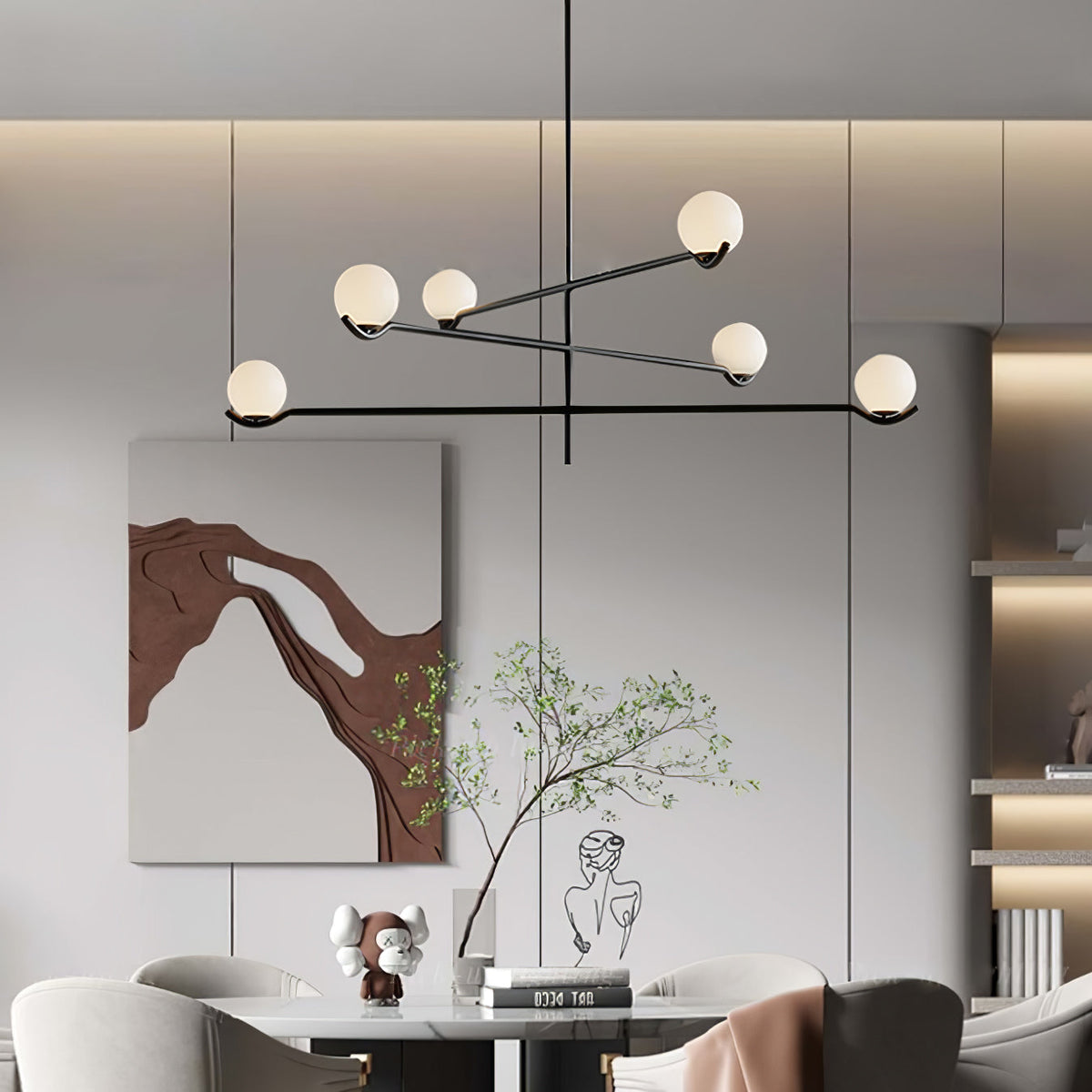 Multi Globe Pendant Light White Glass Shades on Slim Rods Dining Table