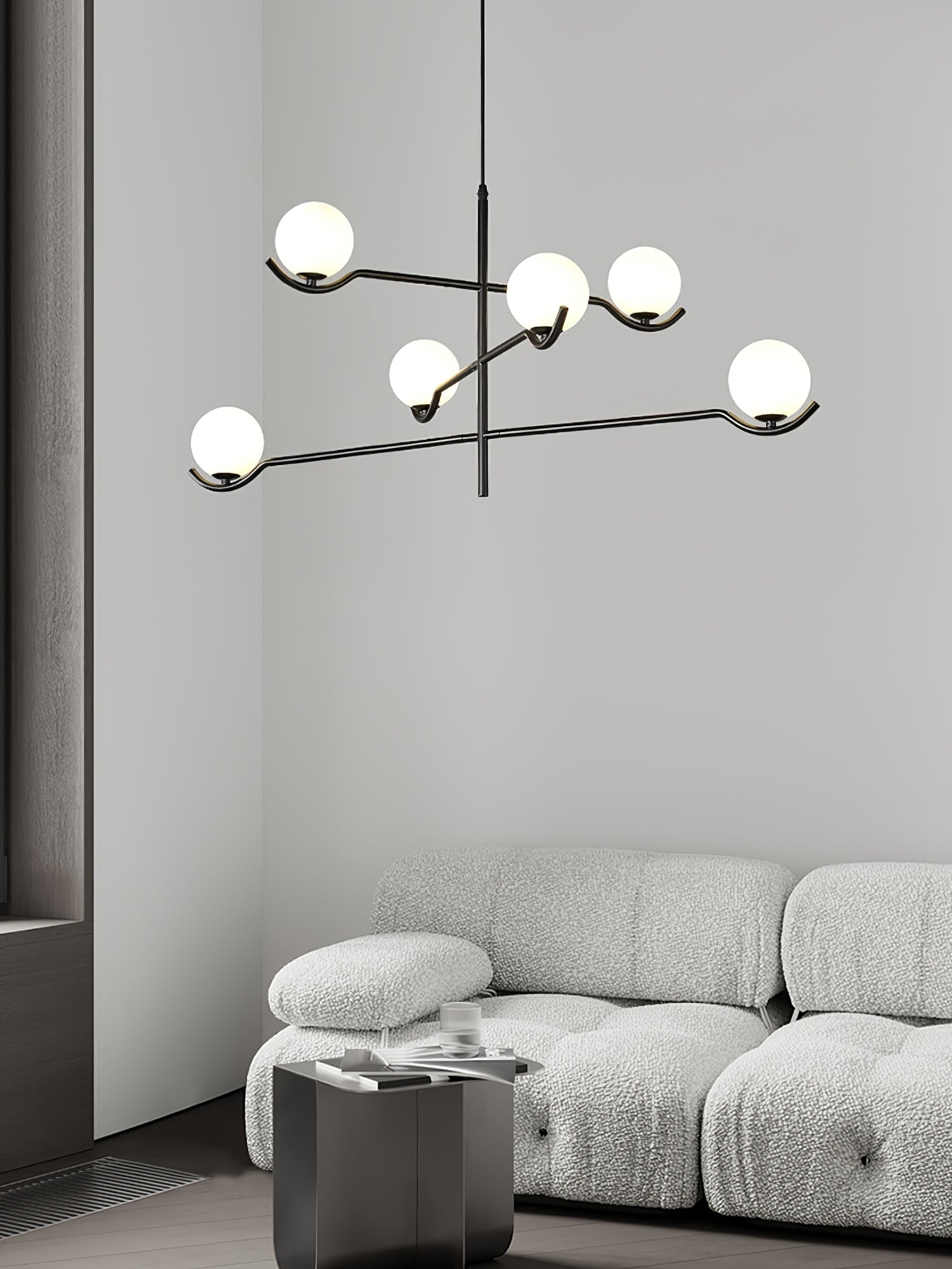 Multi Globe Pendant Light White Glass Shades on Slim Rods Dining Table