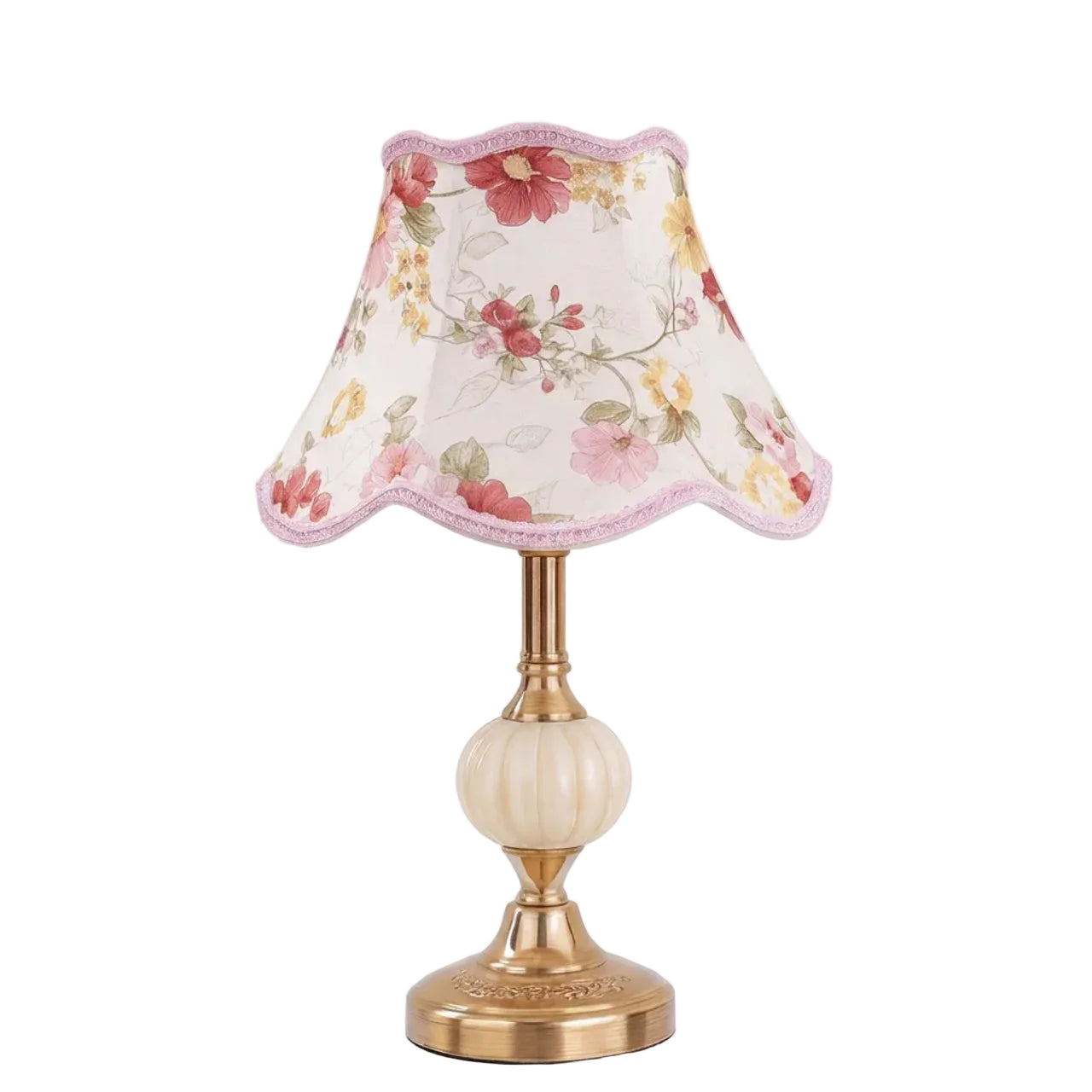 Blomsterbordlampe i stof med keramik og metalfod