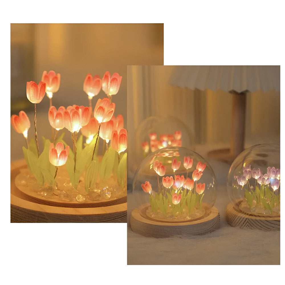 Blomsterlampe lysende tulipaner under glaskuppel med træbase