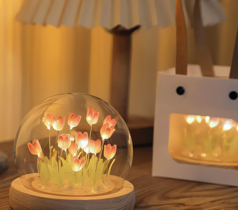 Blomsterlampe lysende tulipaner under glaskuppel med træbase