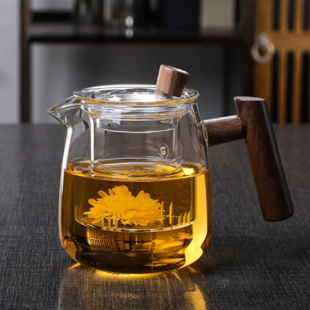 Borosilicate Glass Teapot with Infuser and Wood Handle