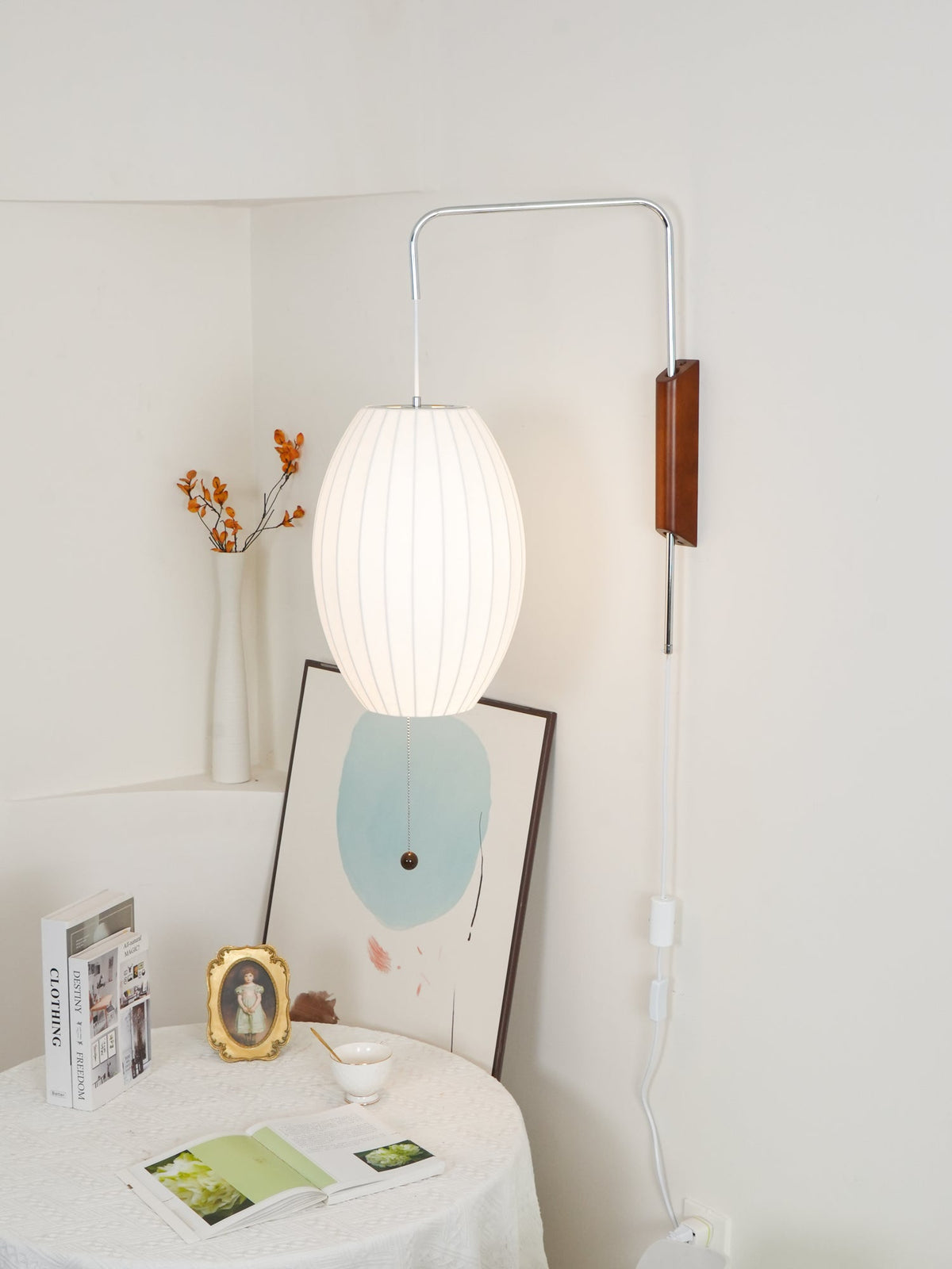 Plug In Wall Sconce Polymer Shade Walnut Backplate Mid Century Bedside