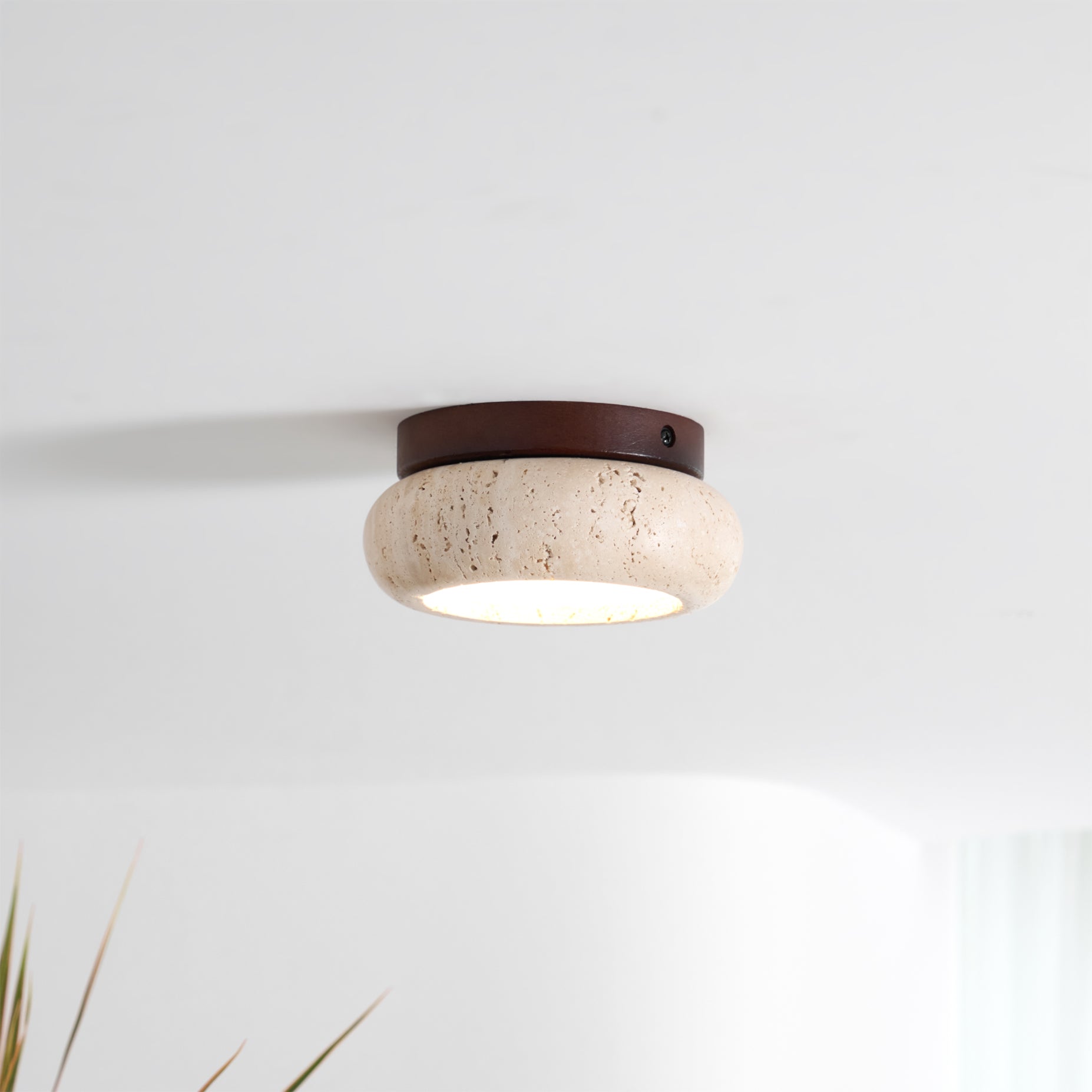 Travertine Stone Flush Mount Ceiling Light Wood Base Integrated LED