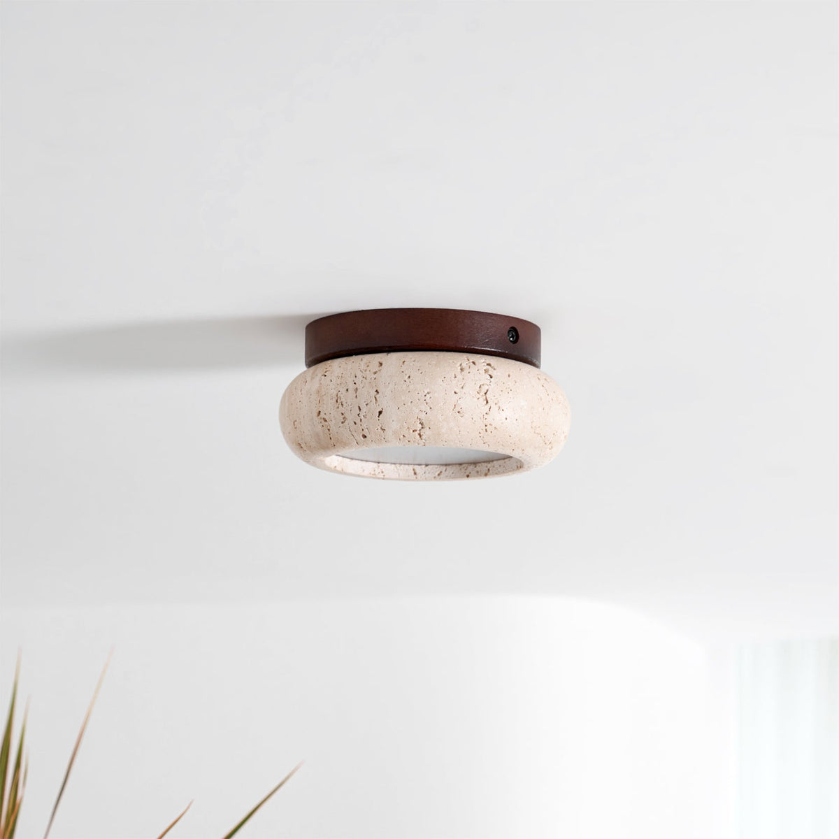 Travertine Stone Flush Mount Ceiling Light Wood Base Integrated LED