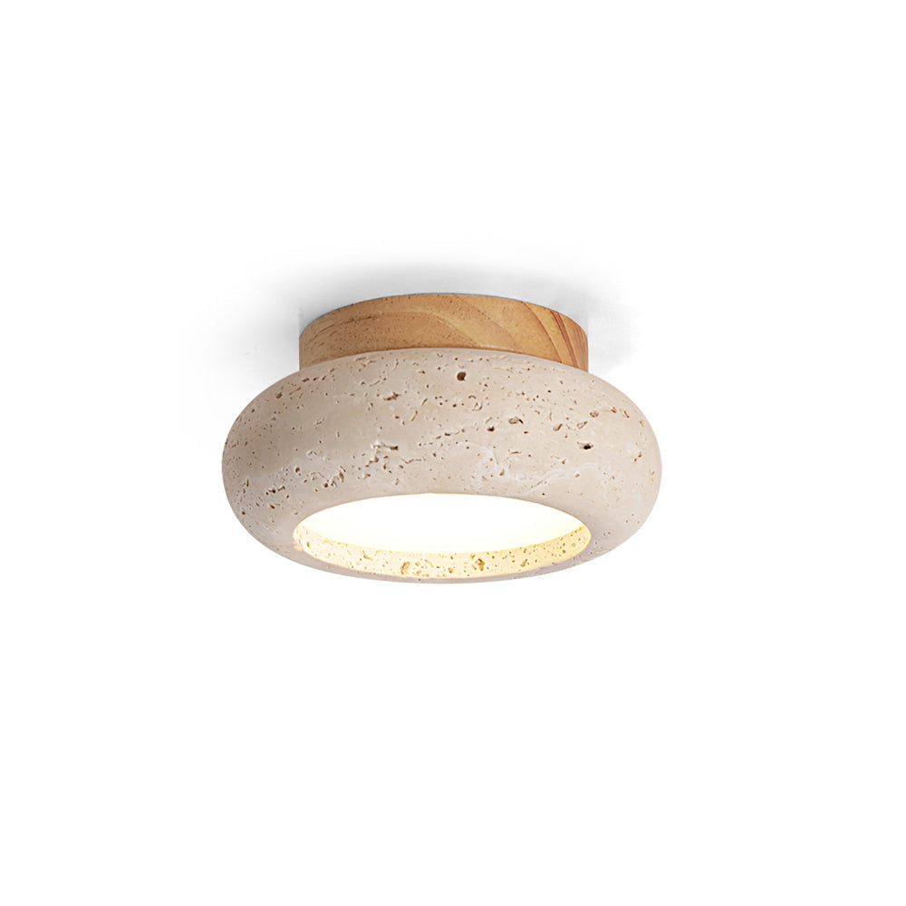 Travertine Stone Flush Mount Ceiling Light Wood Base Integrated LED