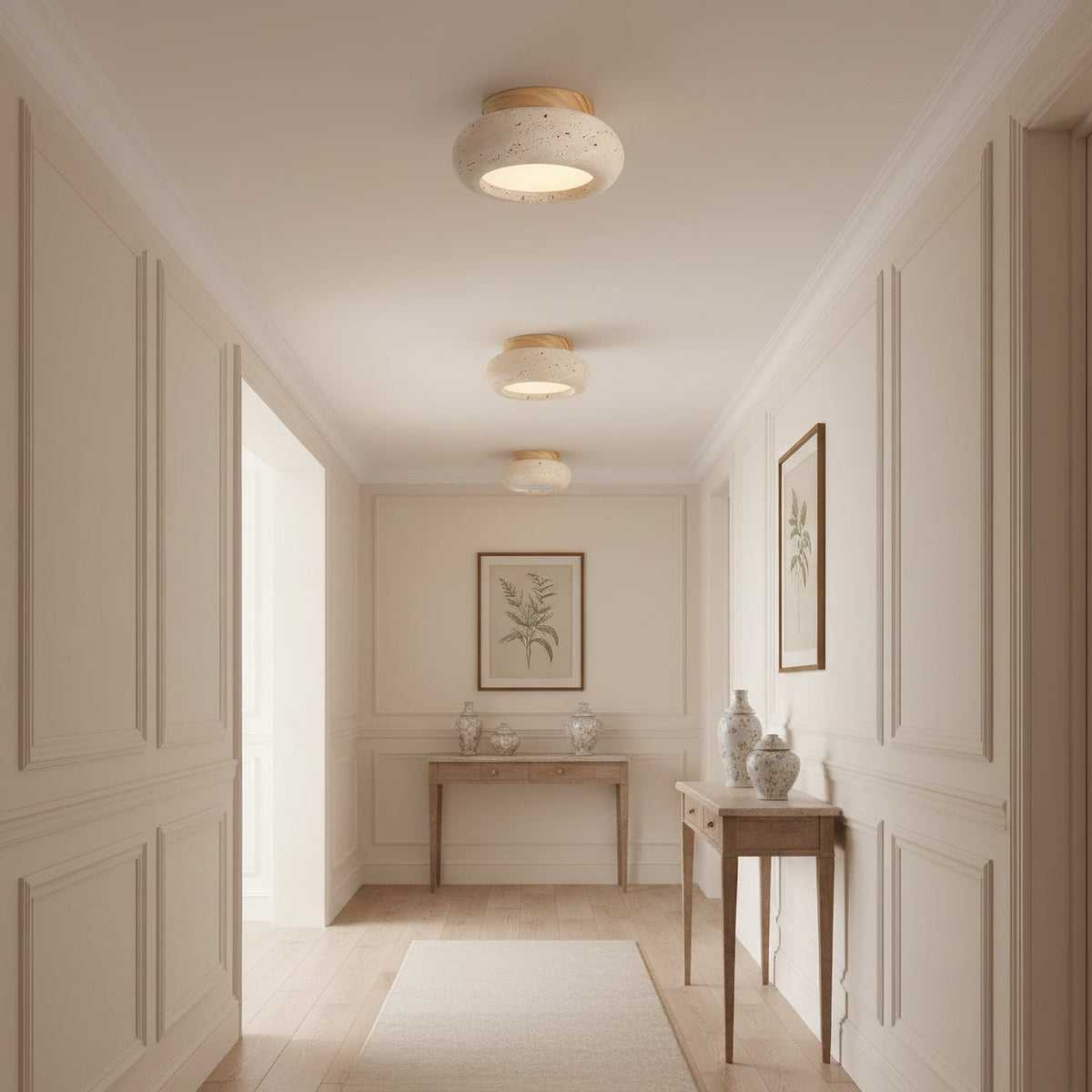 Travertine Stone Flush Mount Ceiling Light Wood Base Integrated LED