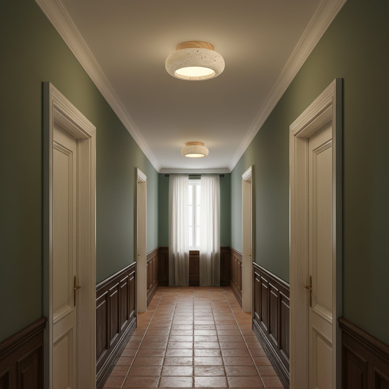 Travertine Stone Flush Mount Ceiling Light Wood Base Integrated LED
