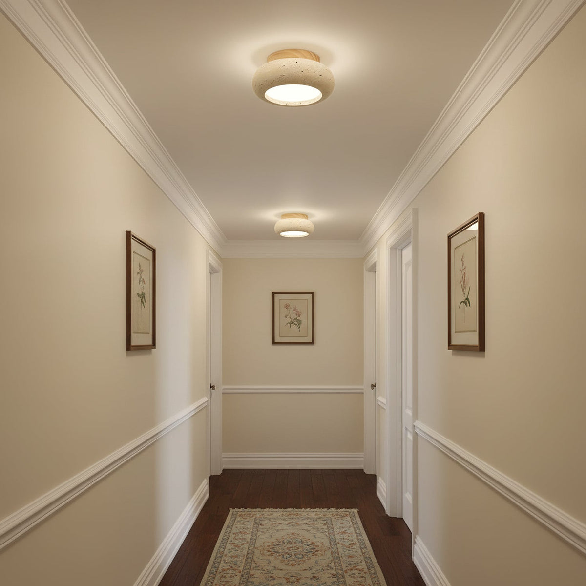 Travertine Stone Flush Mount Ceiling Light Wood Base Integrated LED