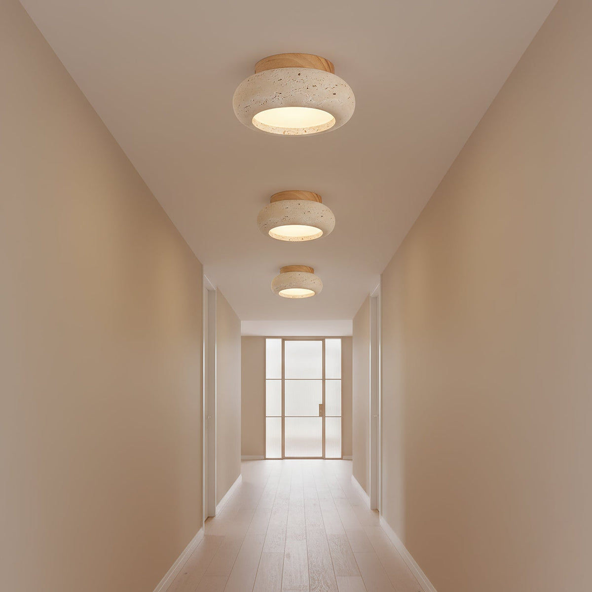 Travertine Stone Flush Mount Ceiling Light Wood Base Integrated LED