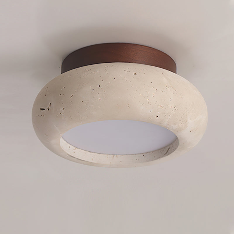 Travertine Stone Flush Mount Ceiling Light Wood Base Integrated LED