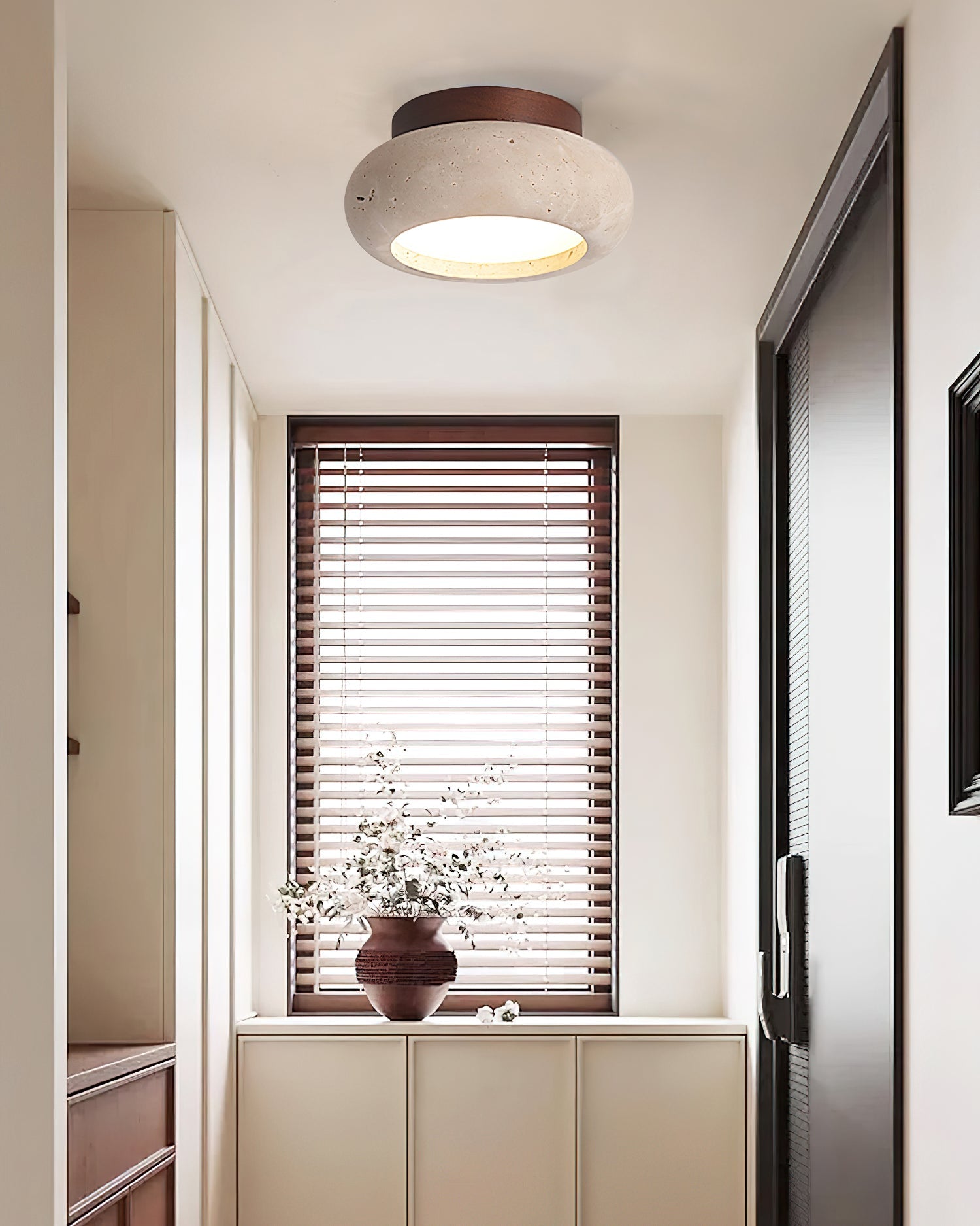 Travertine Stone Flush Mount Ceiling Light Wood Base Integrated LED