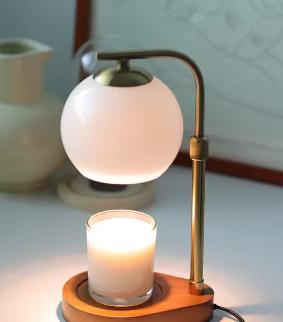 Candle Warmer Lamp with Globe Glass Shade and Wood Base