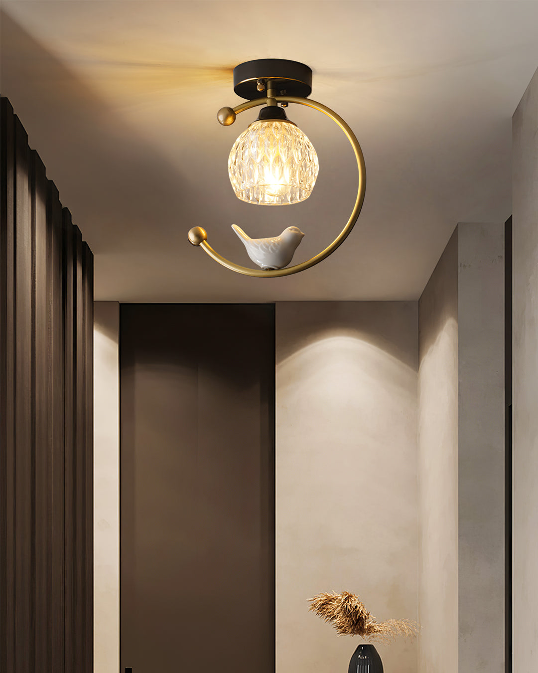 Ceramic Bird Ceiling Light Brass Frame Bud Glass Shades Entryway