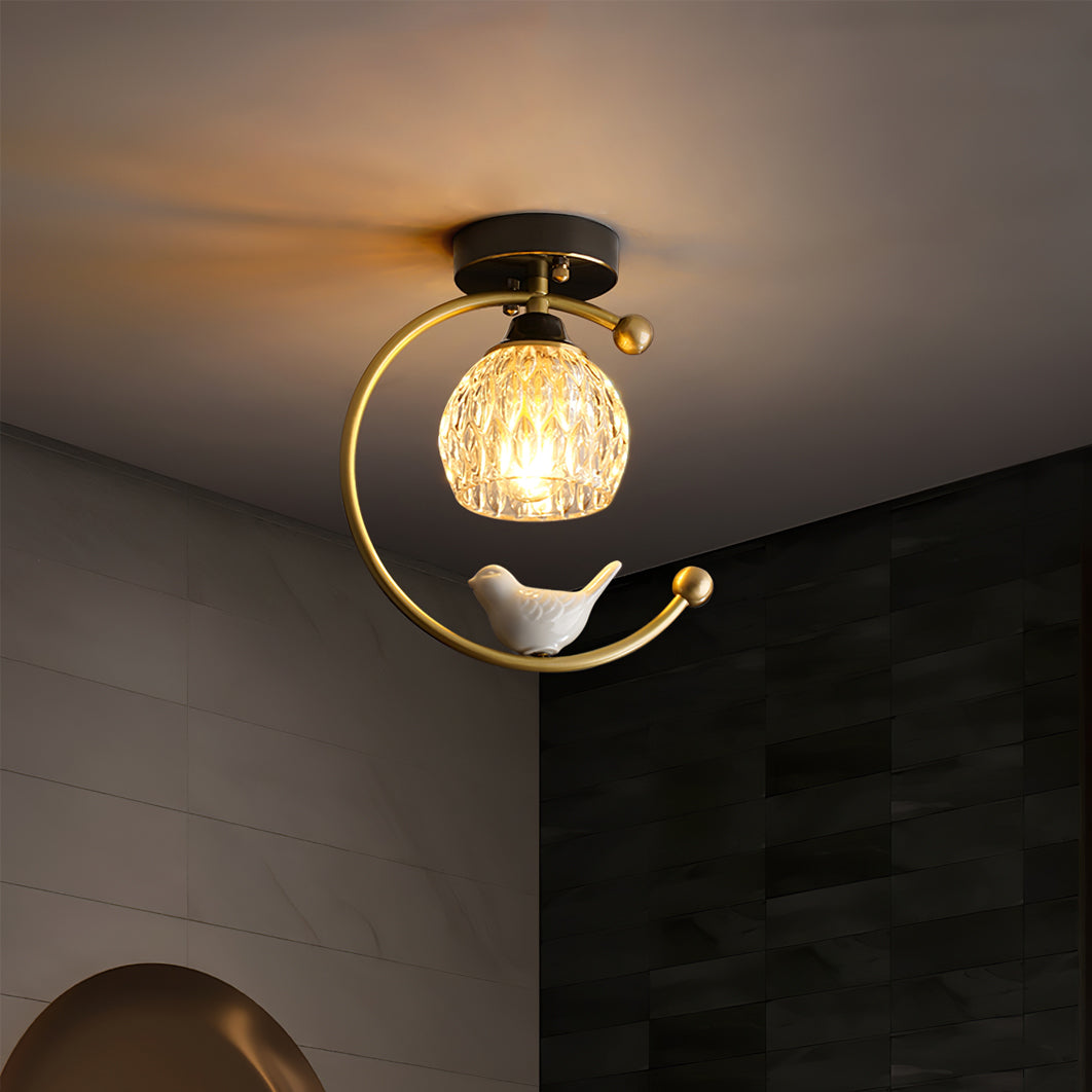 Ceramic Bird Ceiling Light Brass Frame Bud Glass Shades Entryway