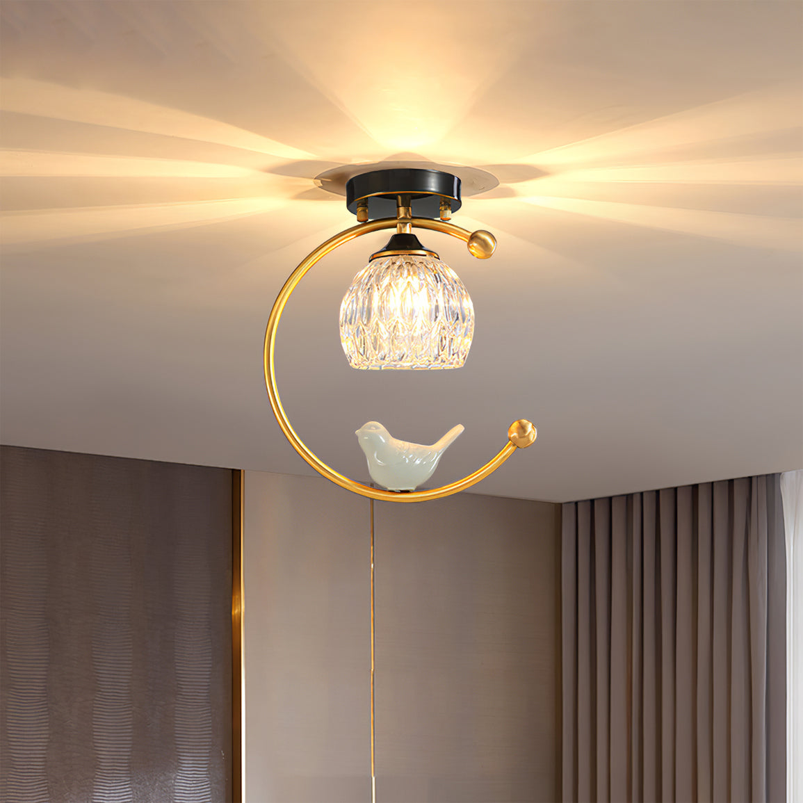 Ceramic Bird Ceiling Light Brass Frame Bud Glass Shades Entryway