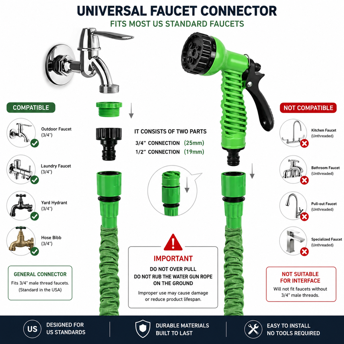 Expandable Garden Hose Kink Free with 7 Pattern Spray Nozzle