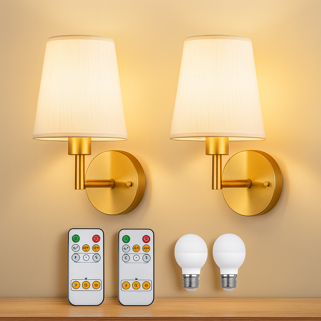 Cordless Wall Sconces Set of 2 Fabric Shade Dimmable with Remote No Wiring