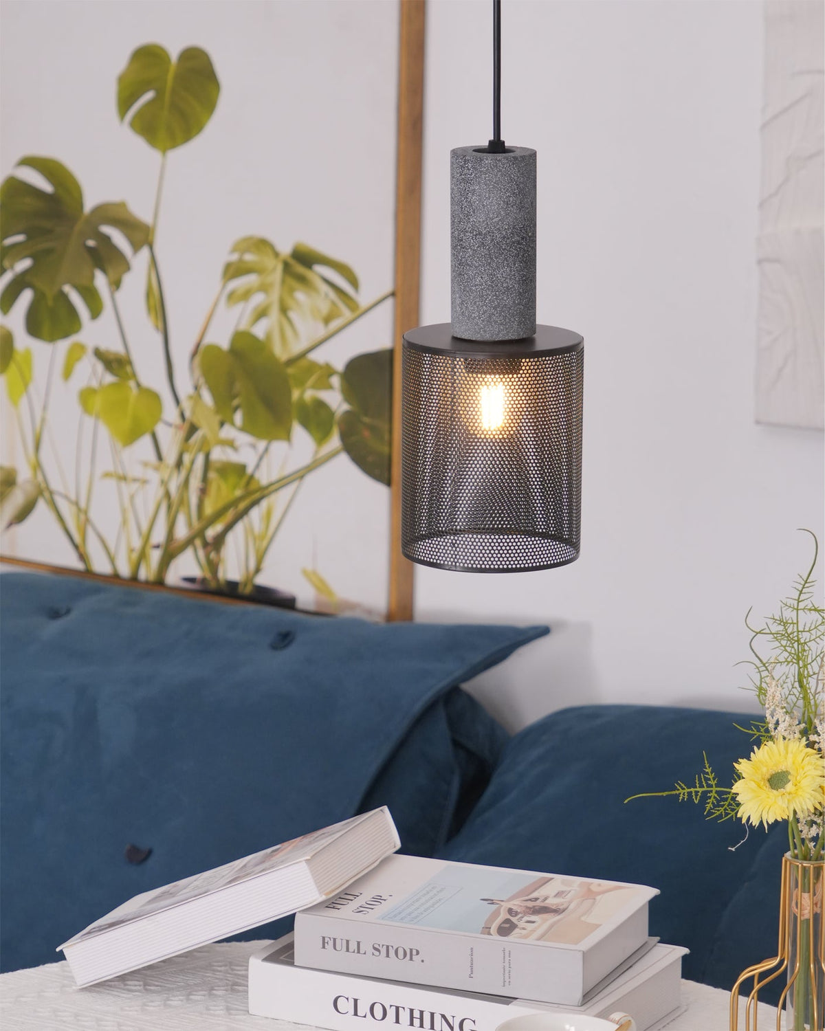 Concrete Pendant Light Cast Cement Cylinder Shade for Kitchen Island