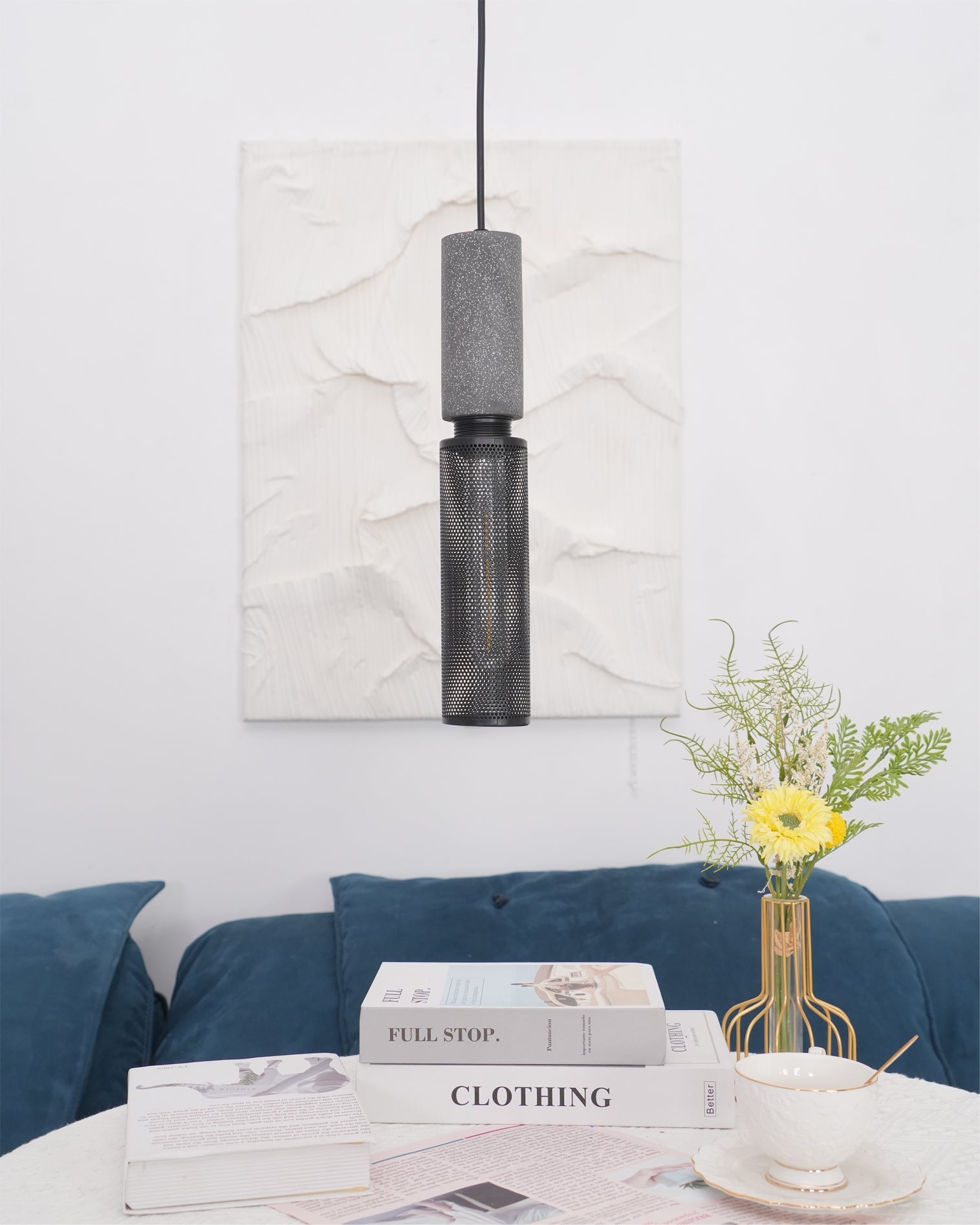 Concrete Pendant Light Cast Cement Cylinder Shade for Kitchen Island