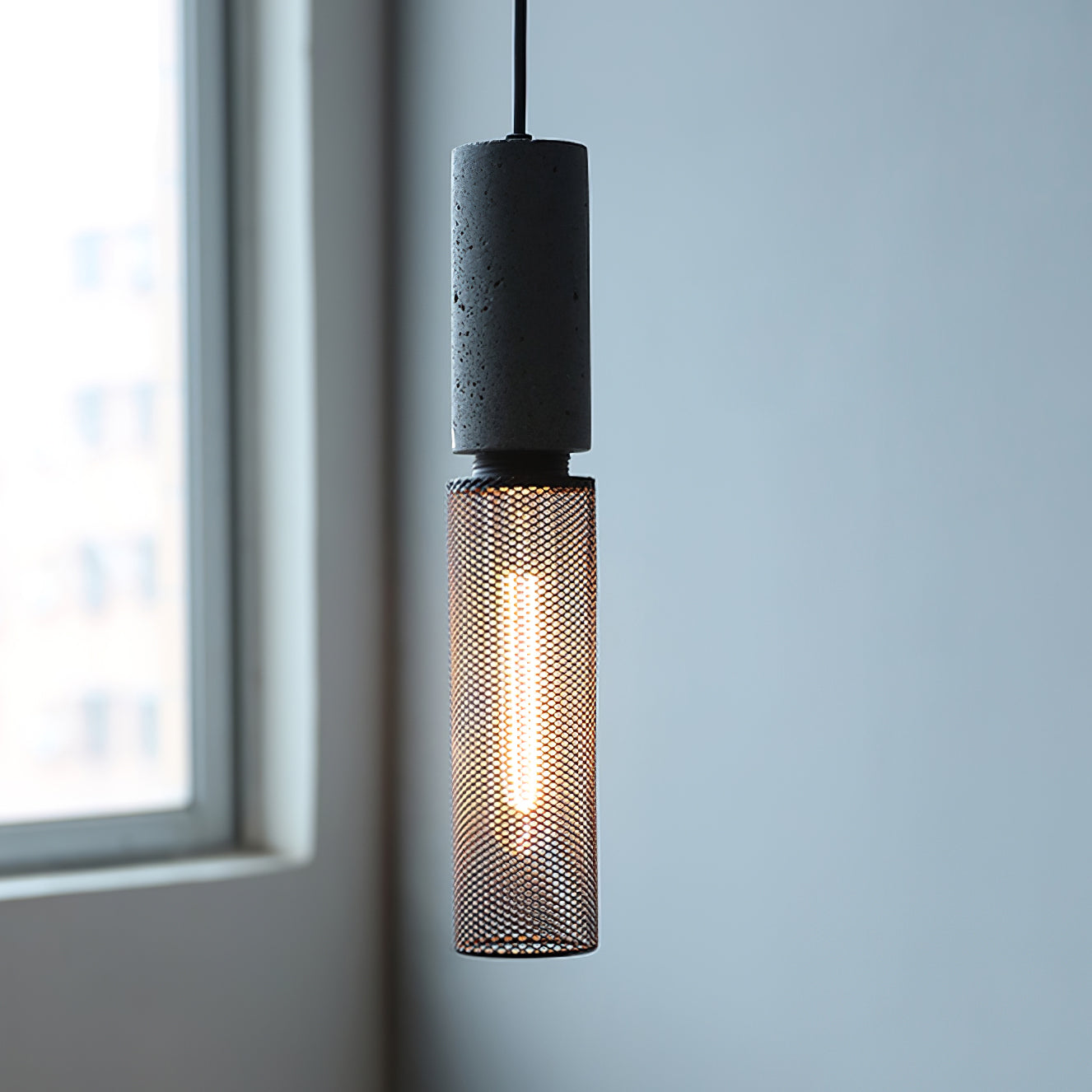 Concrete Pendant Light Cast Cement Cylinder Shade for Kitchen Island