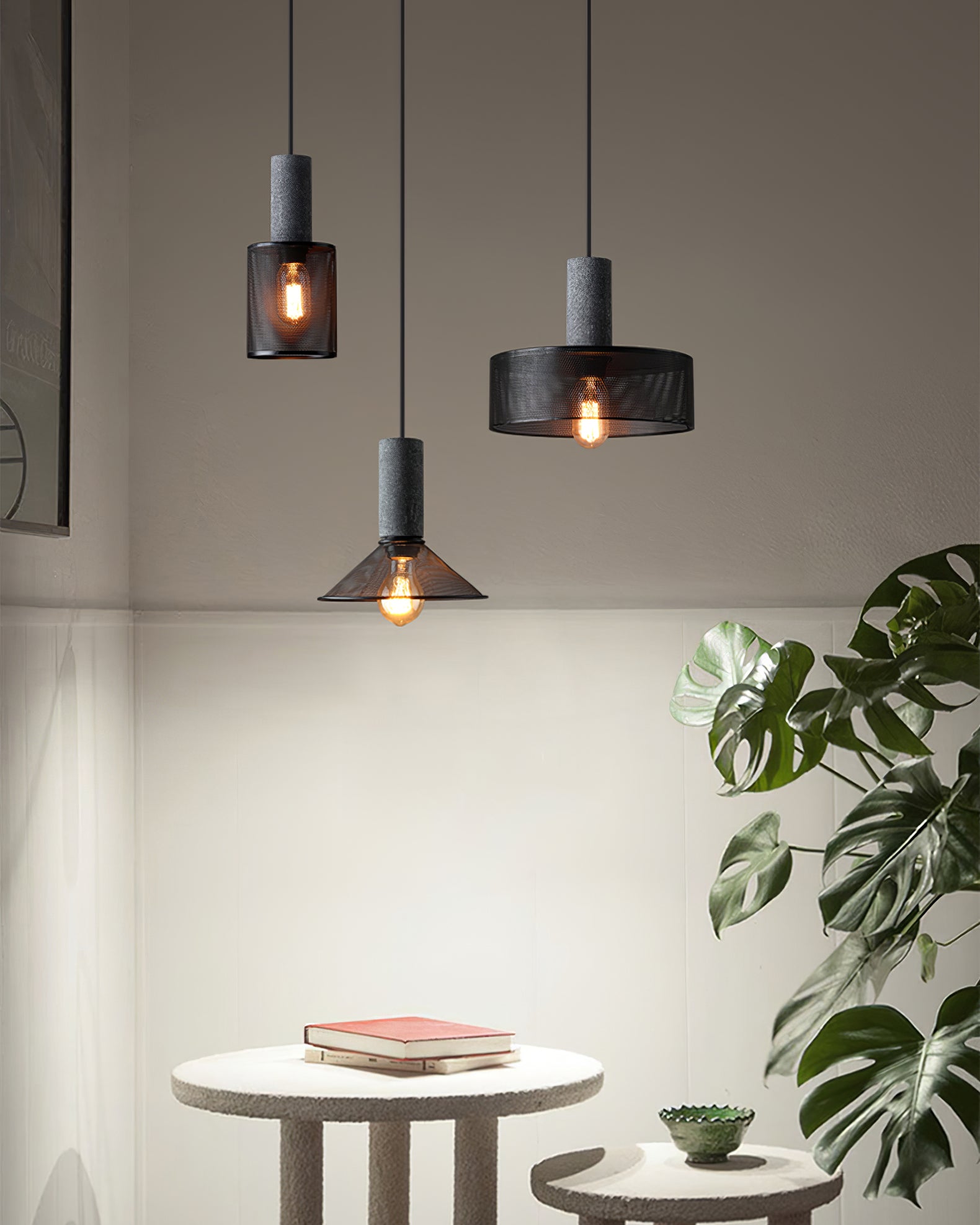 Concrete Pendant Light Cast Cement Cylinder Shade for Kitchen Island