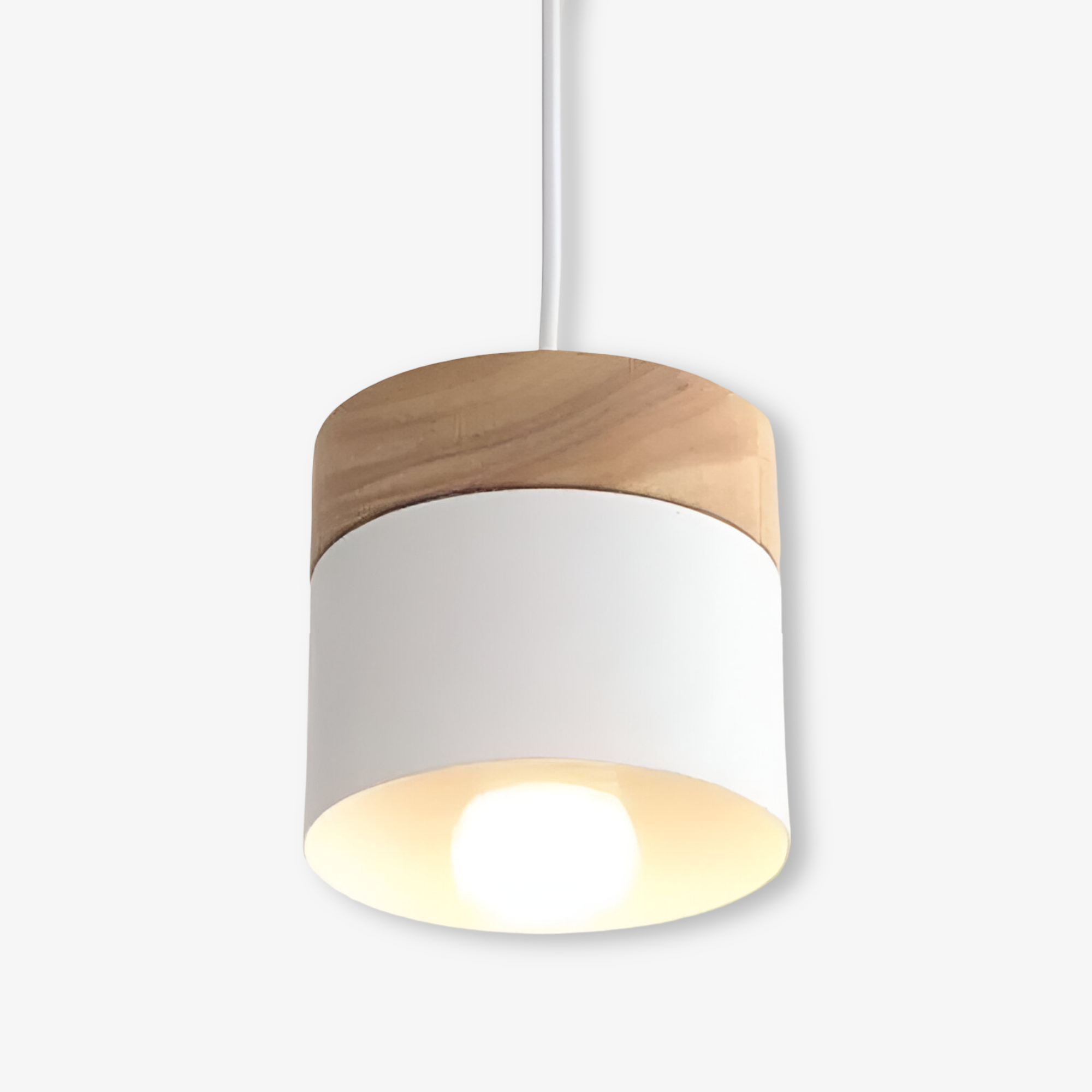 Cylindrisk pendelbordlampe i metal og træ
