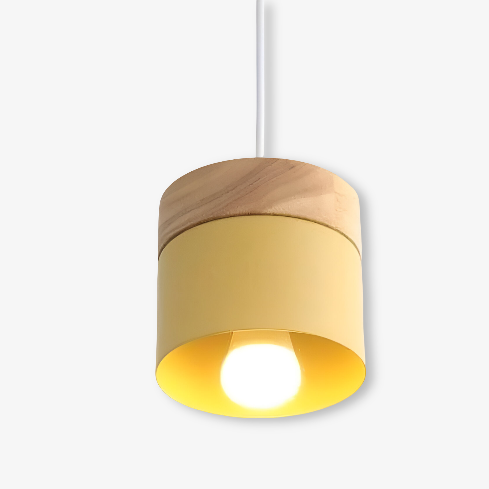 Cylindrisk pendelbordlampe i metal og træ