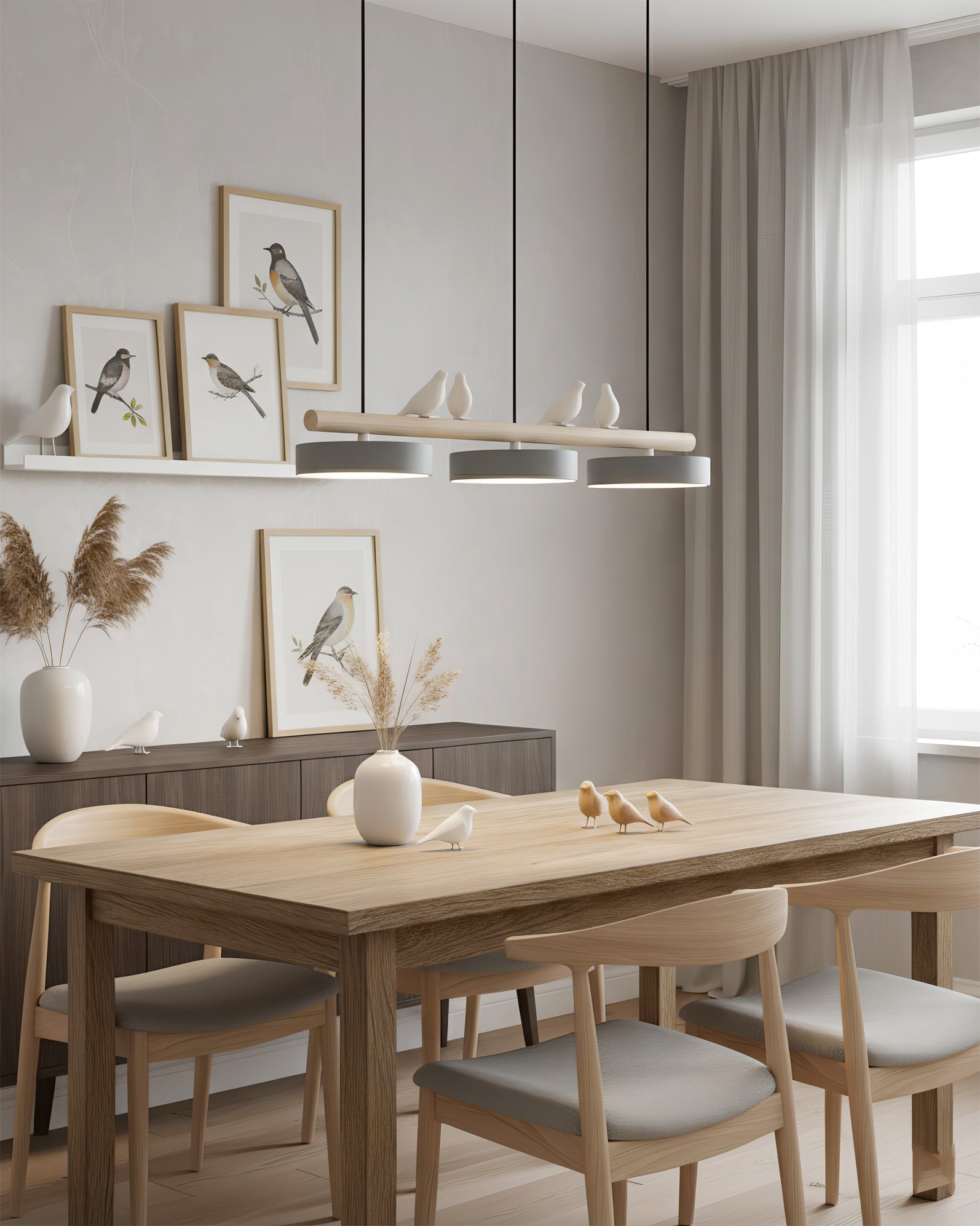 Linear Bar Pendant Light with Movable Bird Figurines Remote Dimming LED