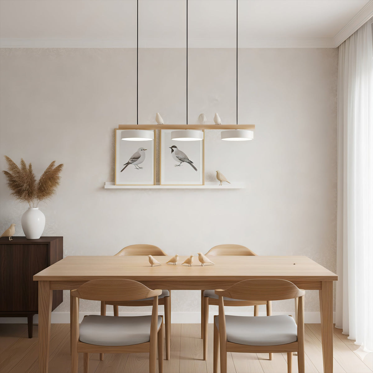 Linear Bar Pendant Light with Movable Bird Figurines Remote Dimming LED