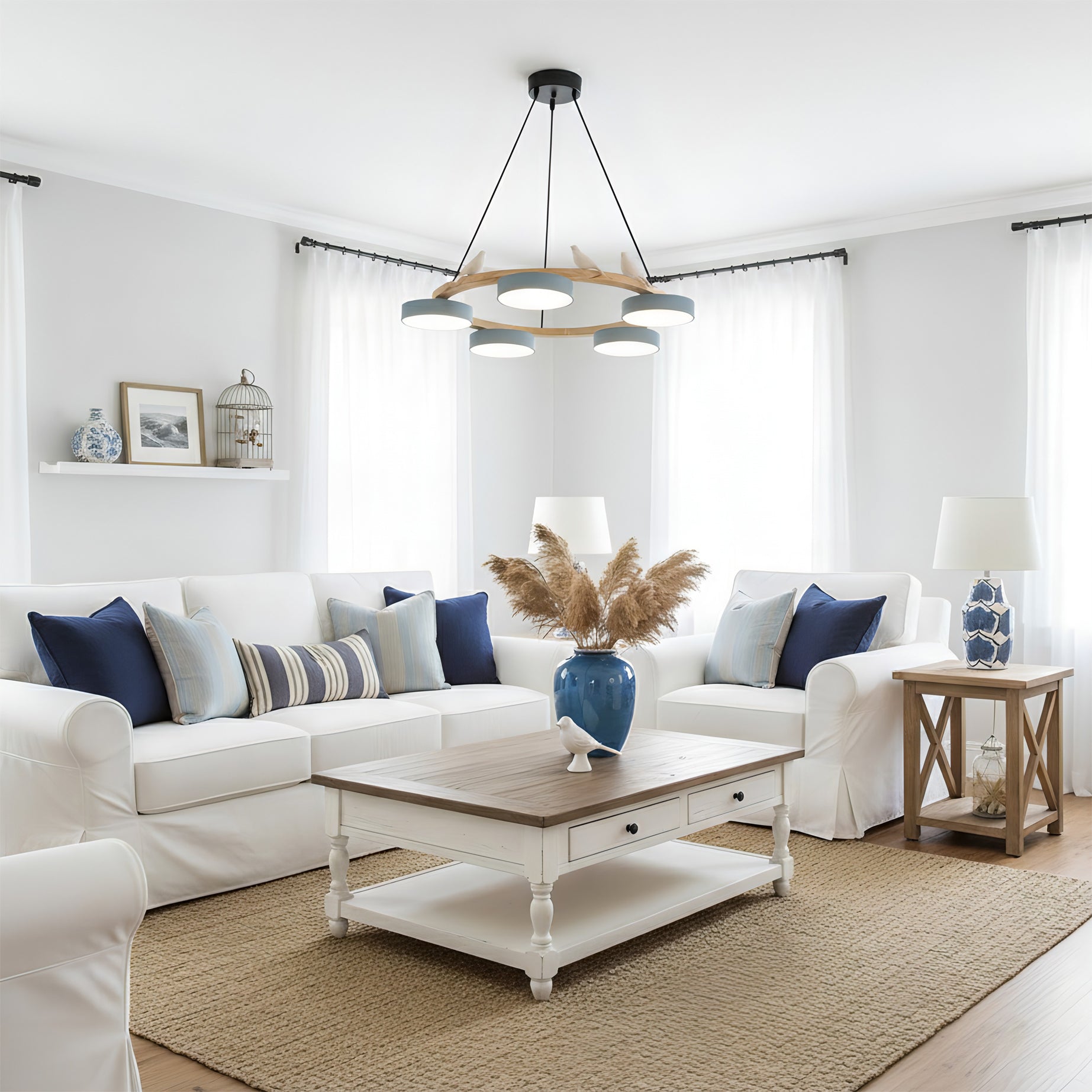Round Wood Chandelier with Bird Figurines LED Dimmable Dining Room