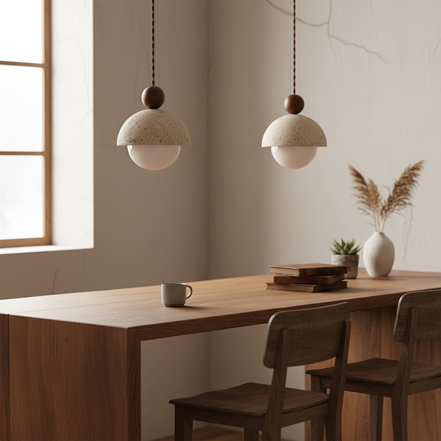 Travertine Pendant Light with Glass Globe and Wood Accent Kitchen Island
