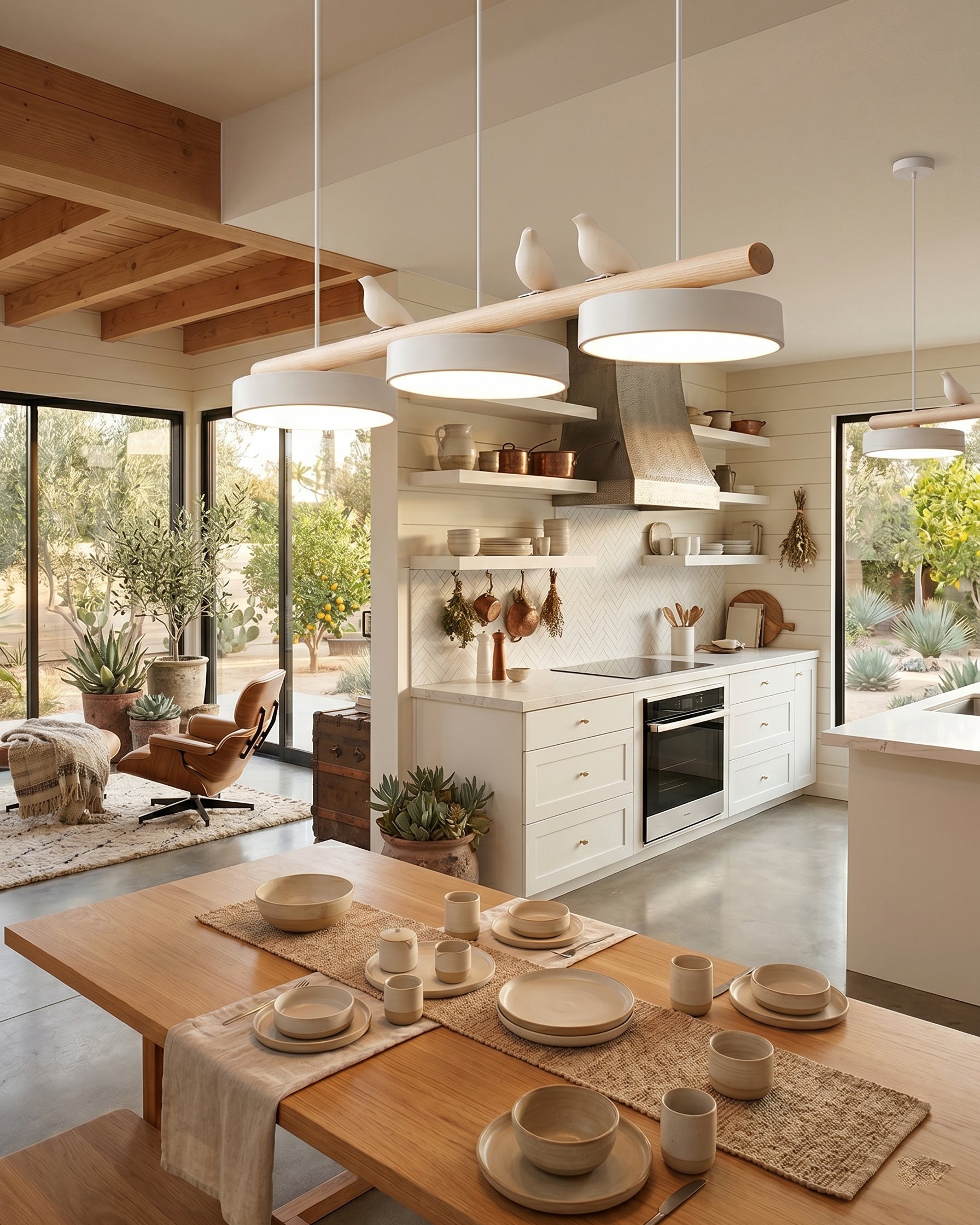 Linear Bar Pendant Light with Movable Bird Figurines Remote Dimming LED