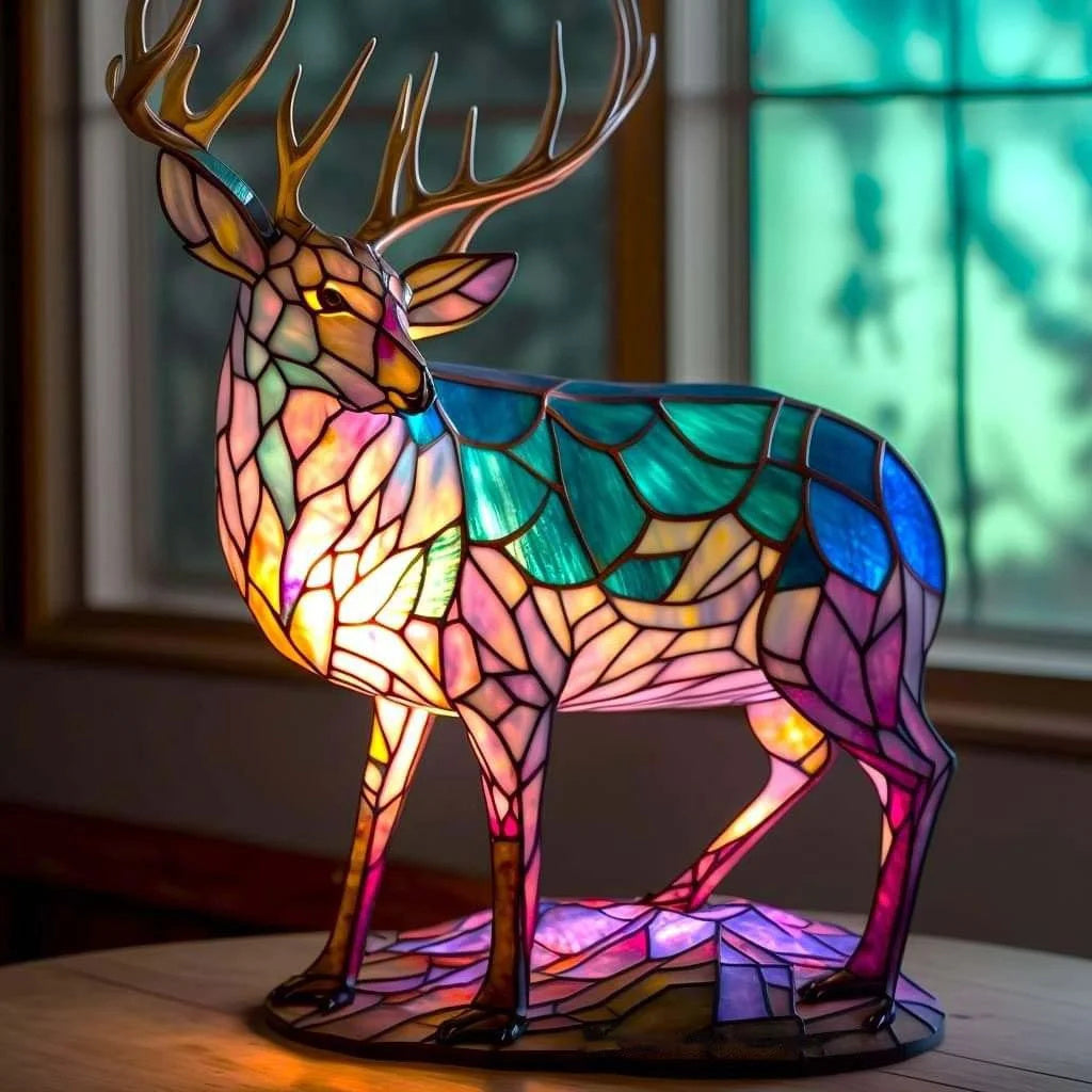 Dekorativ bordlampe med dyreskulptur i blyinfatningsmosaik
