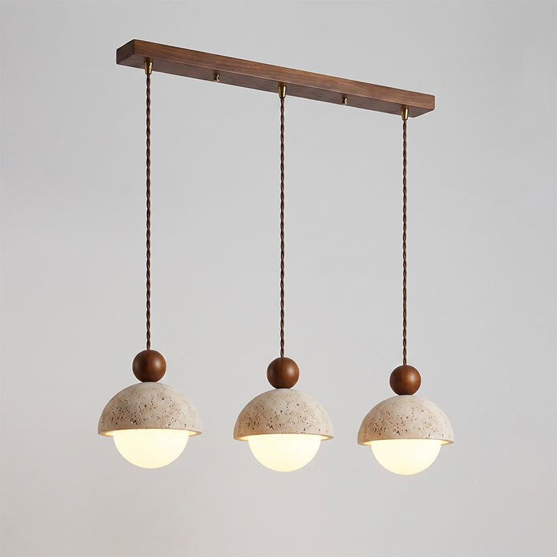 Travertine Pendant Light with Glass Globe and Wood Accent Kitchen Island
