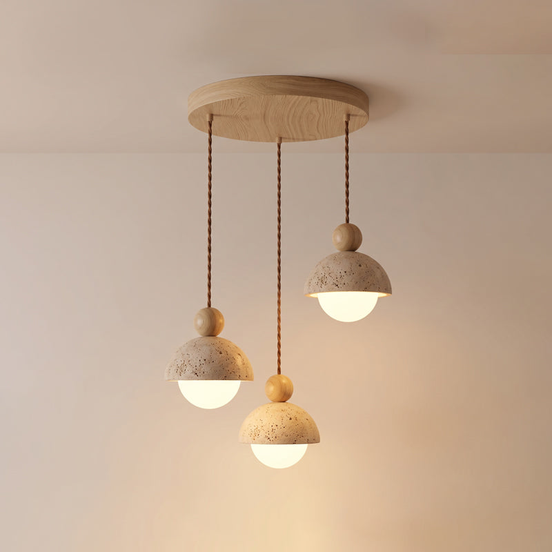 Travertine Pendant Light with Glass Globe and Wood Accent Kitchen Island