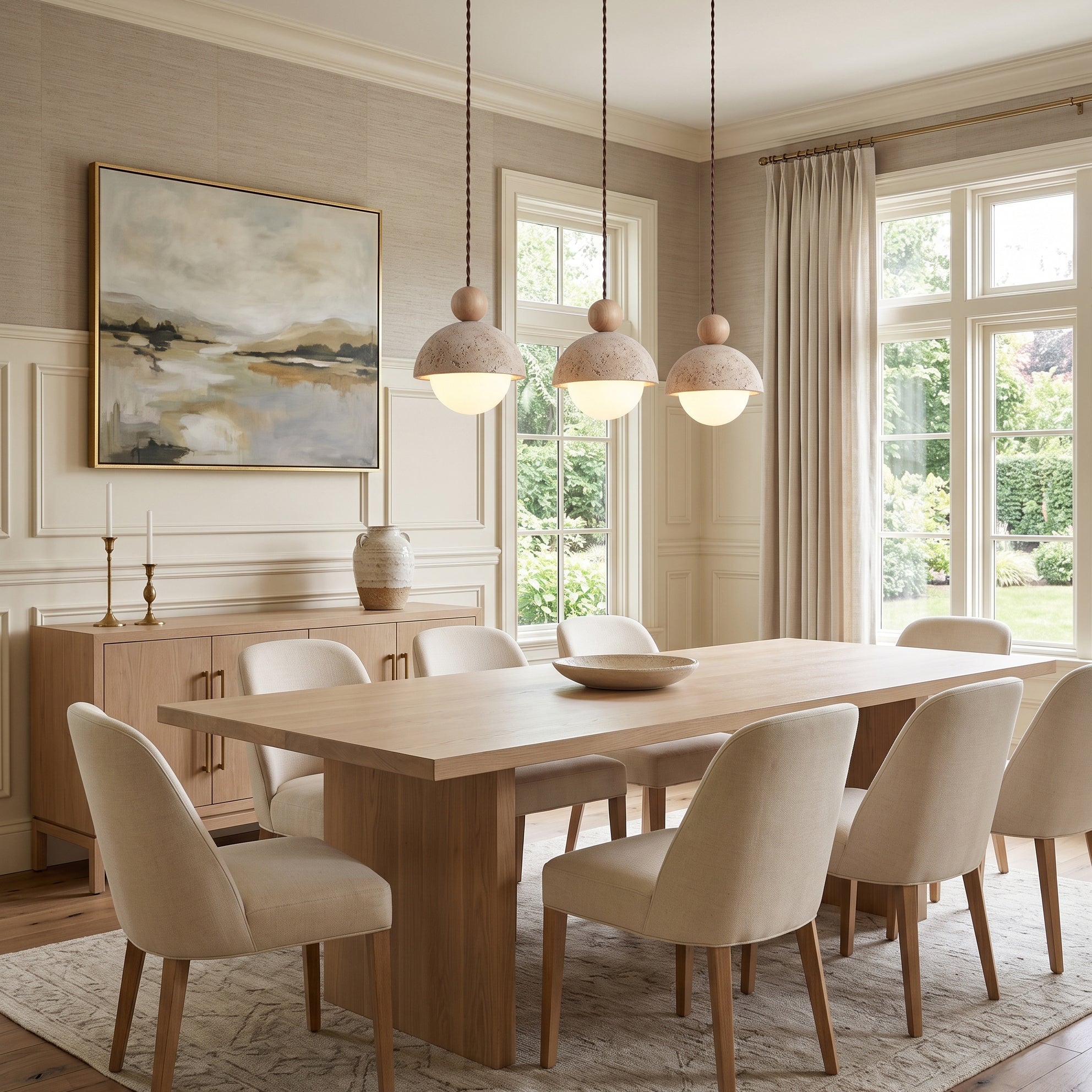 Travertine Pendant Light with Glass Globe and Wood Accent Kitchen Island