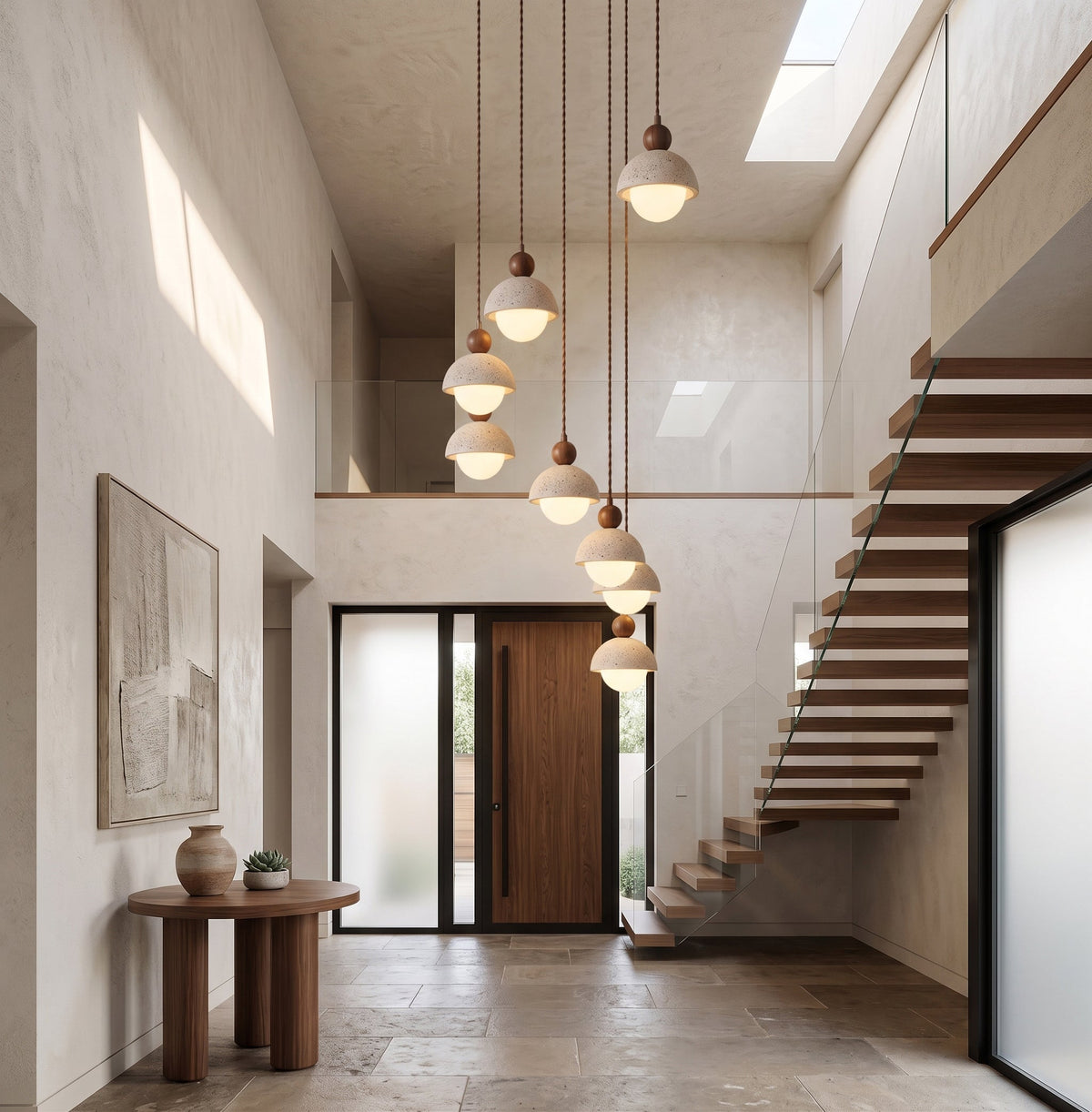 Travertine Pendant Light with Glass Globe and Wood Accent Kitchen Island