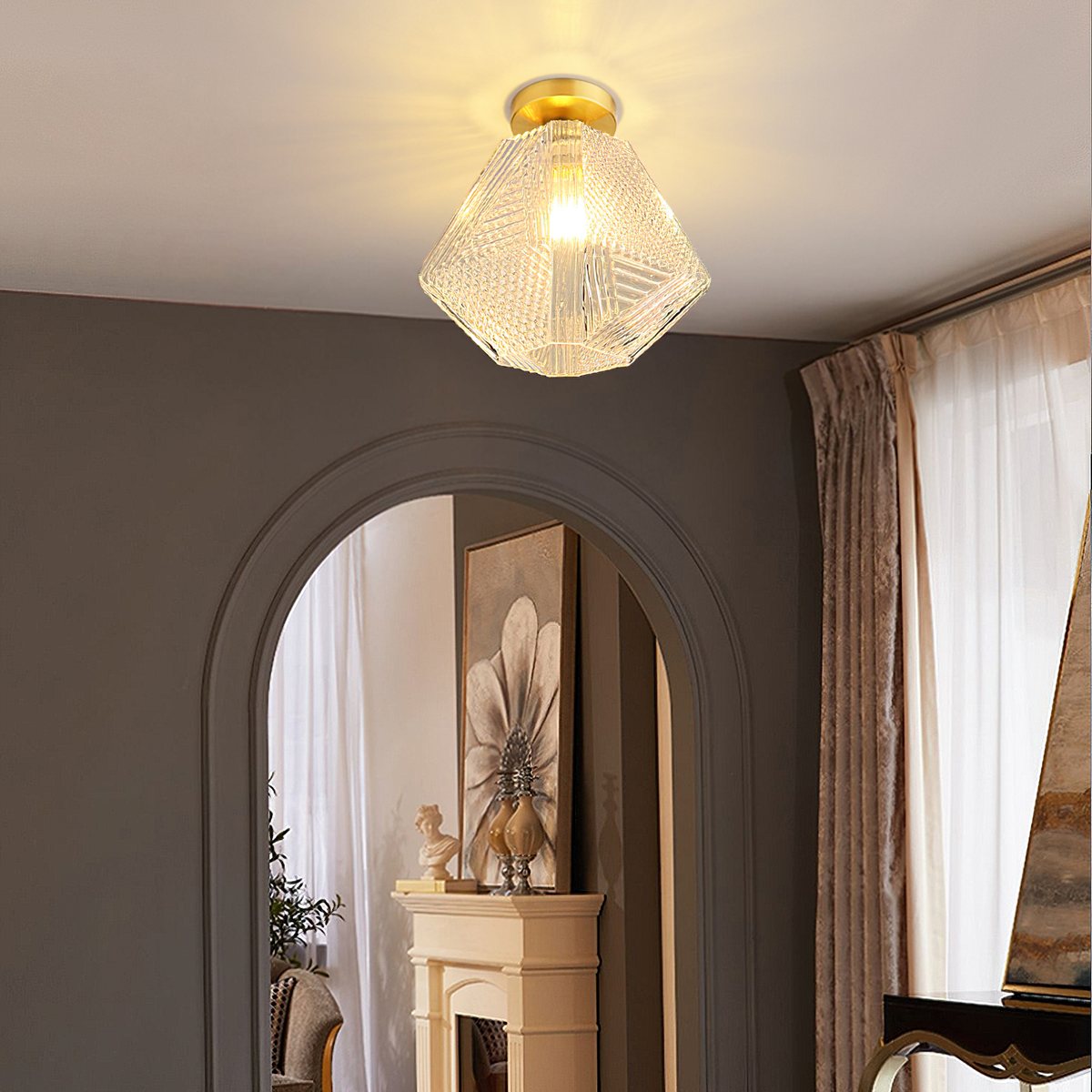 Art Deco Ceiling Light Diamond Cut Glass Brass Finish for Bedside