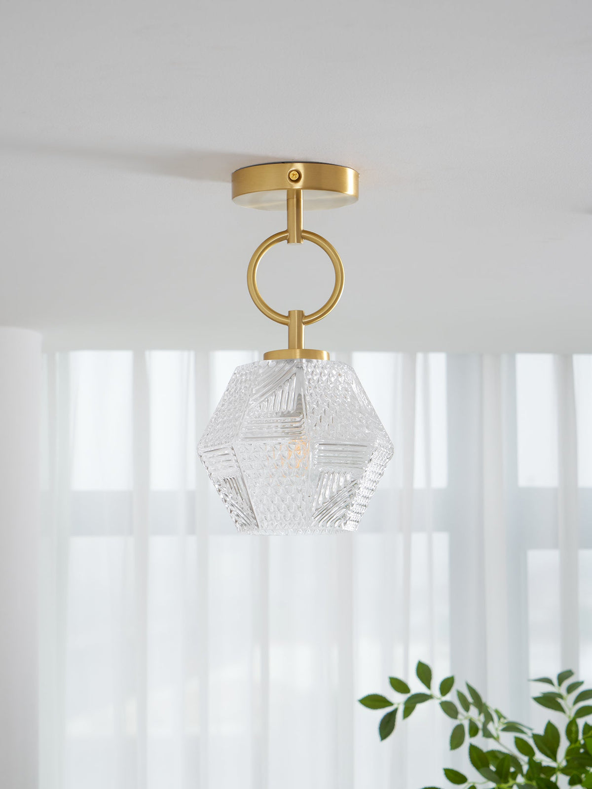 Art Deco Ceiling Light Diamond Cut Glass Brass Finish for Bedside