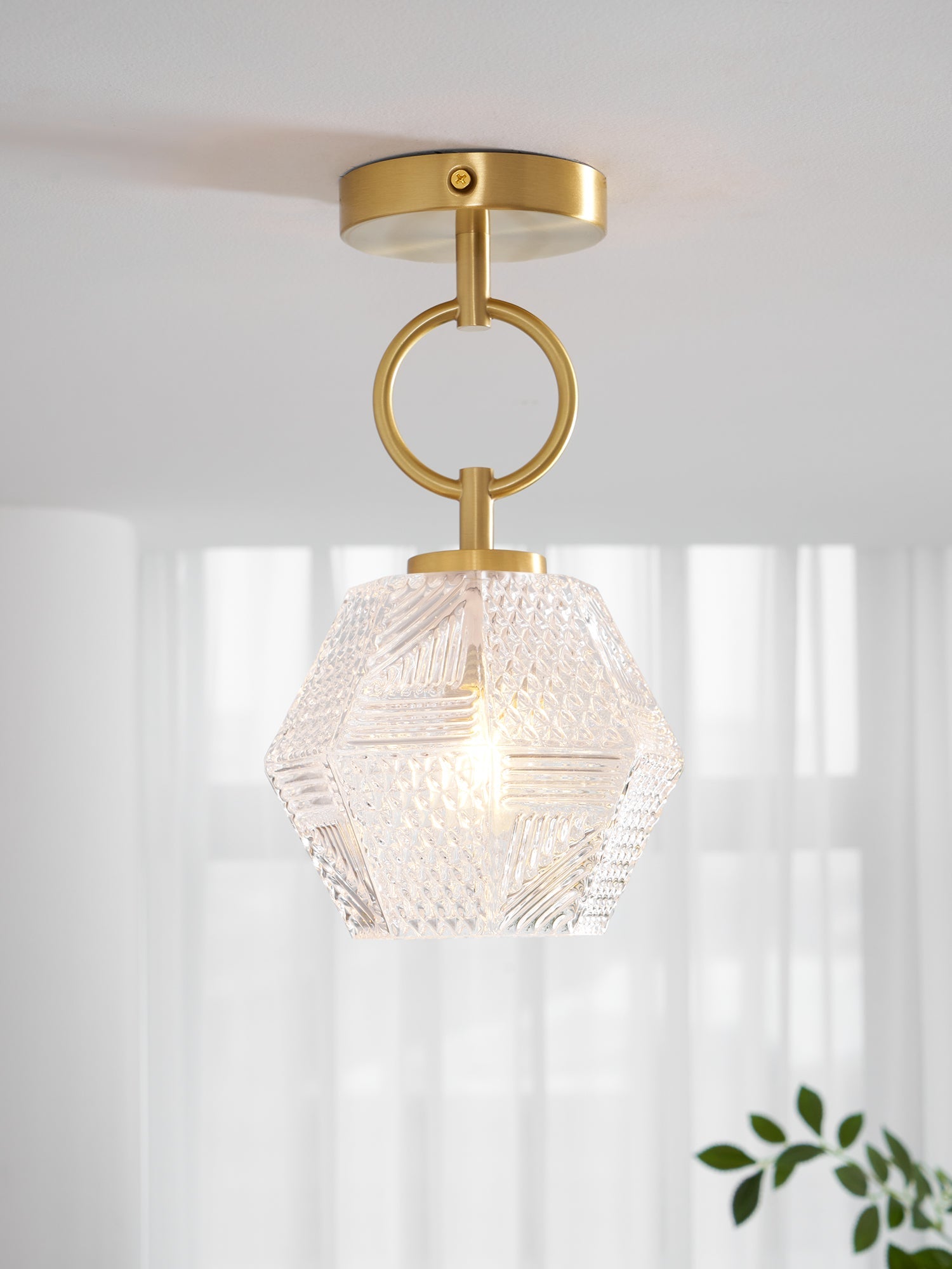 Art Deco Ceiling Light Diamond Cut Glass Brass Finish for Bedside