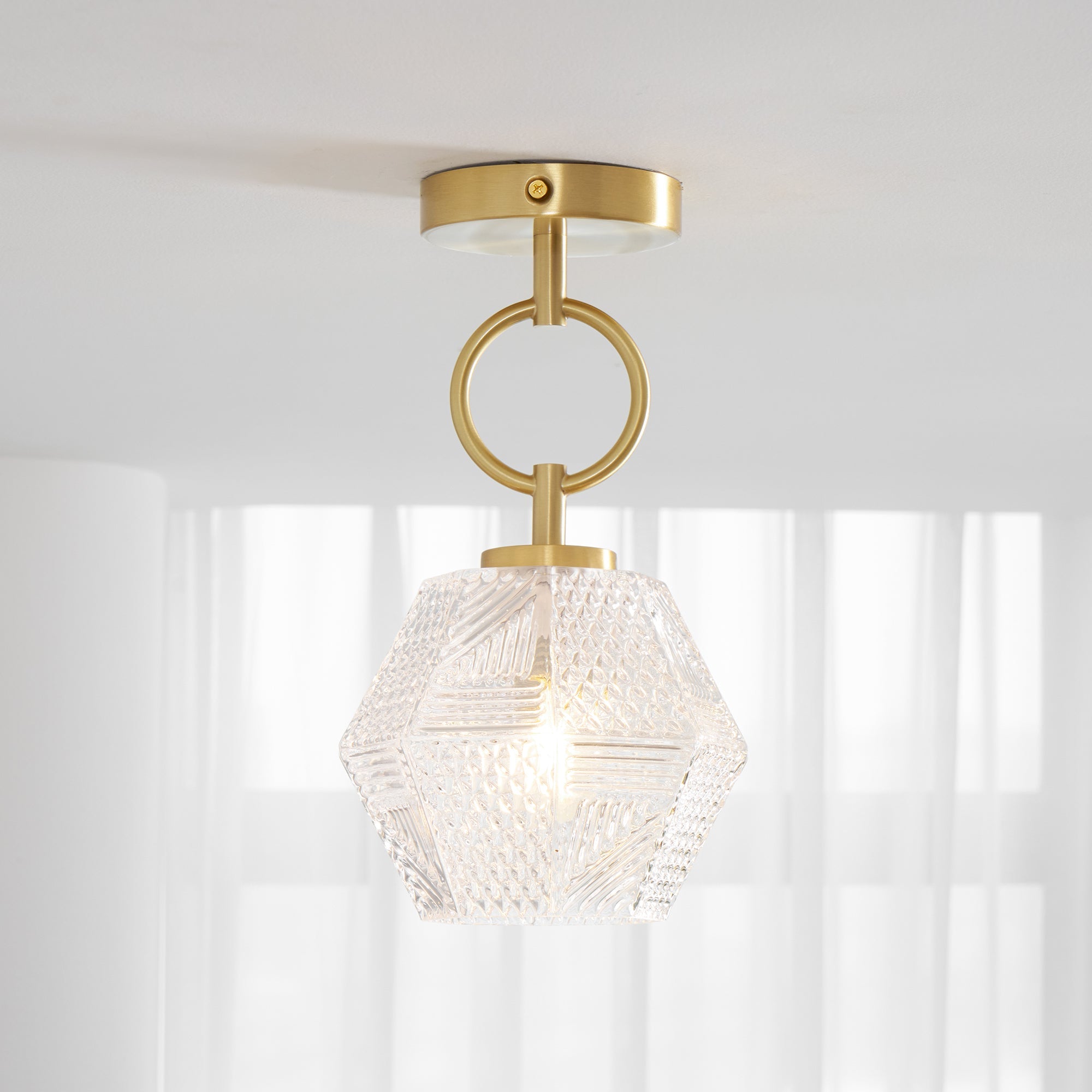 Art Deco Ceiling Light Diamond Cut Glass Brass Finish for Bedside